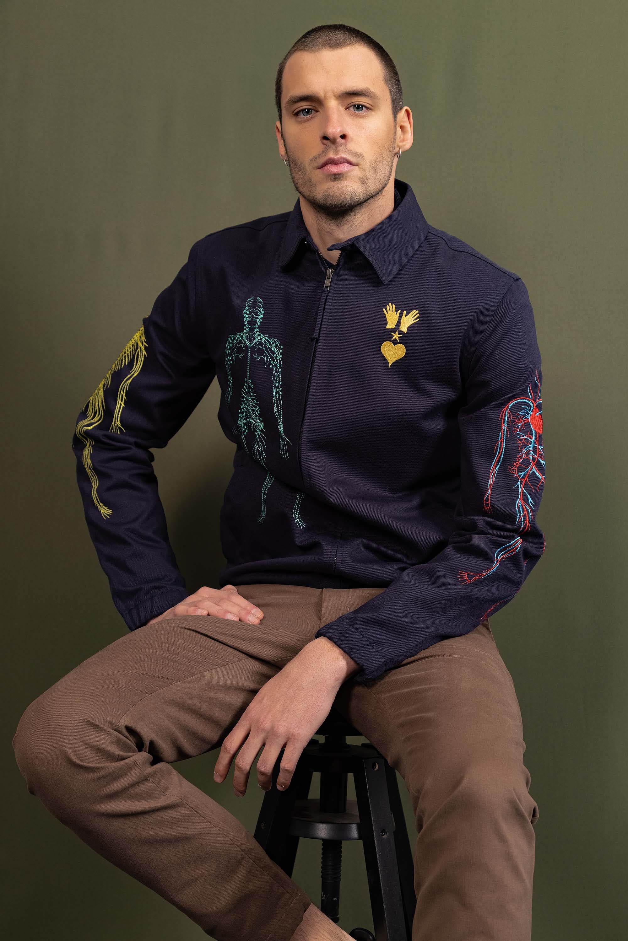 navy blue cotton jacket with human body embroidery novelty new men's 2022 winter collection