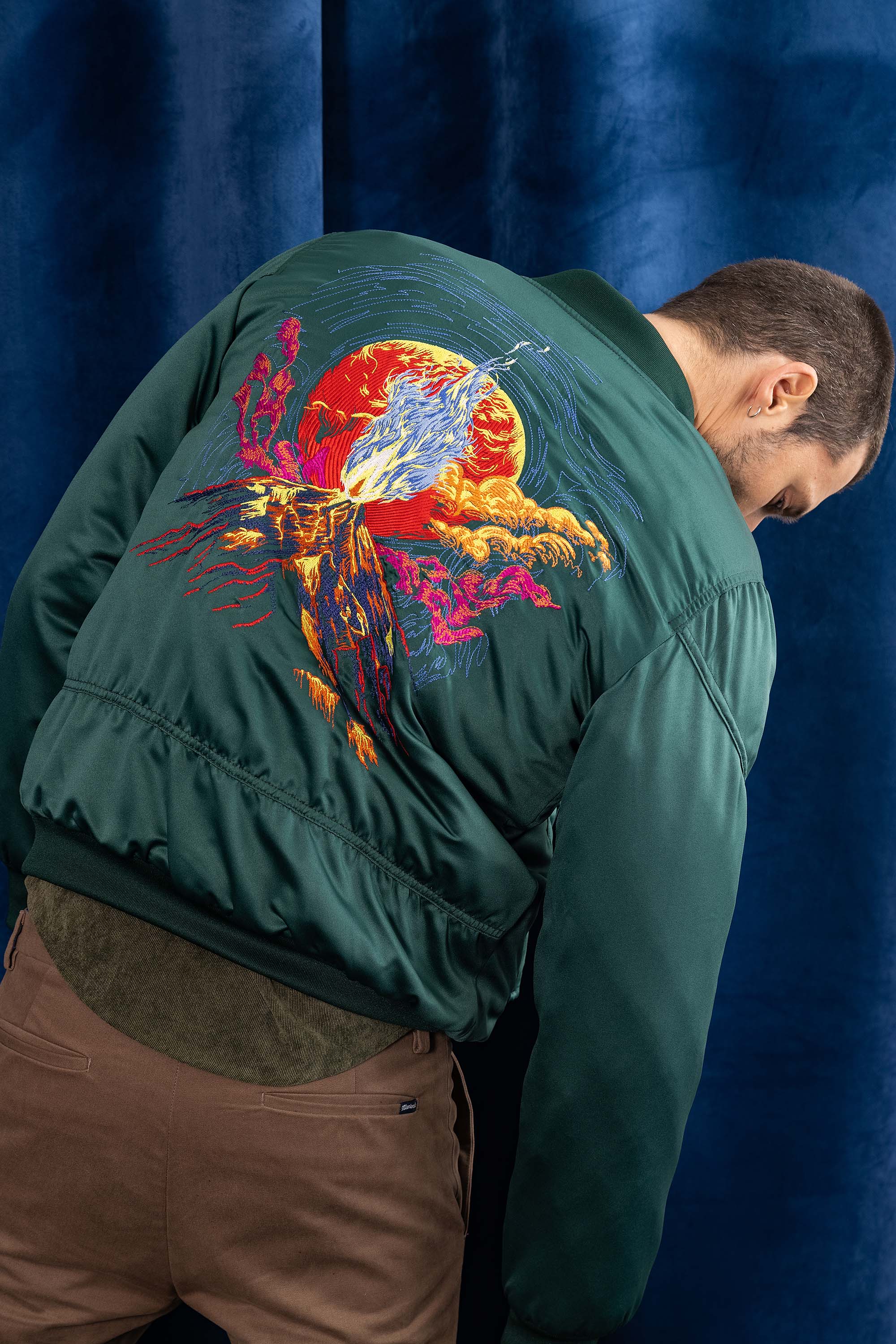 green teddy jacket with volcano embroidery on the back novelty new winter collection 2022