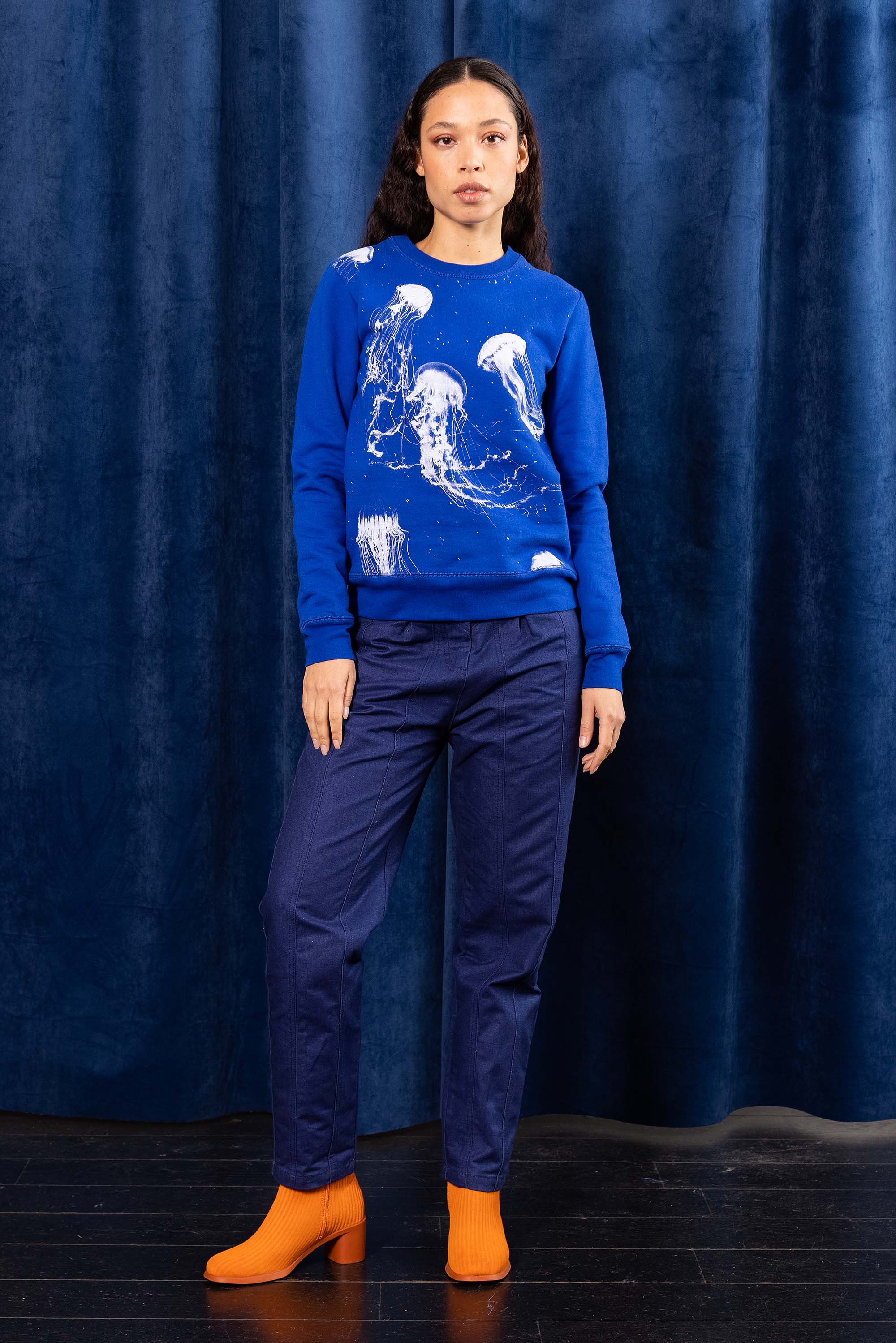 sapphire blue sweatshirt printed white jellyfish in cotton for women novelty new winter collection 2022 misericordia