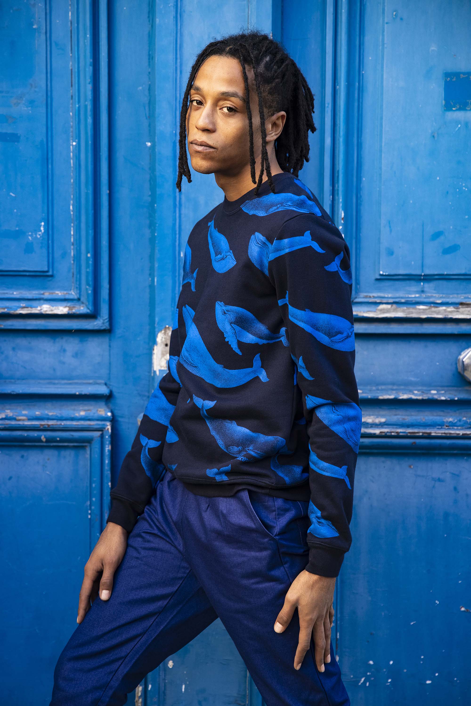 Navy blue sweatshirt printed in cotton with whale motifs, handcrafted in Lima