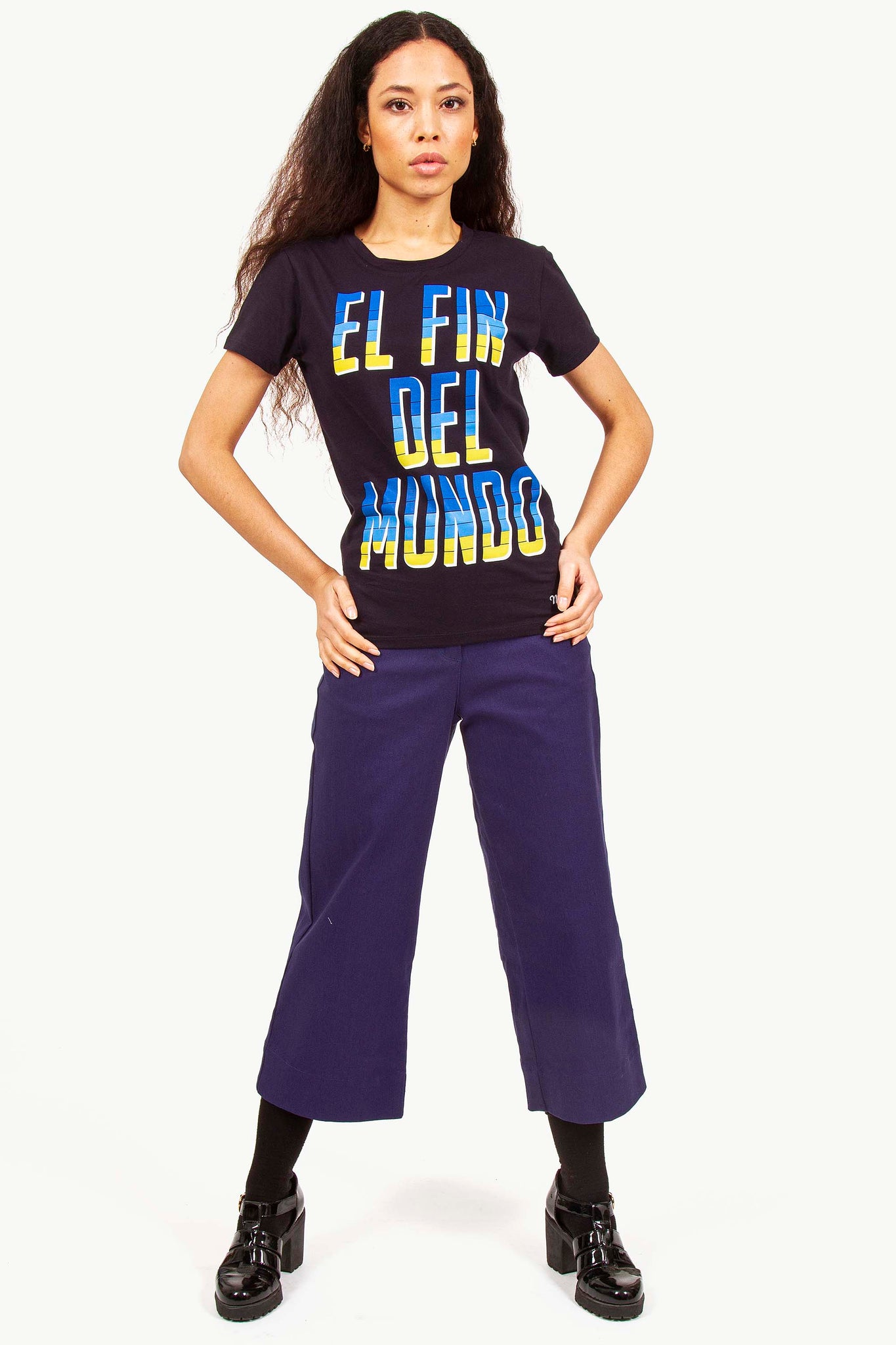 the end of the world el fin del mundo woman with committed message t-shirt responsible fashion in a changing world