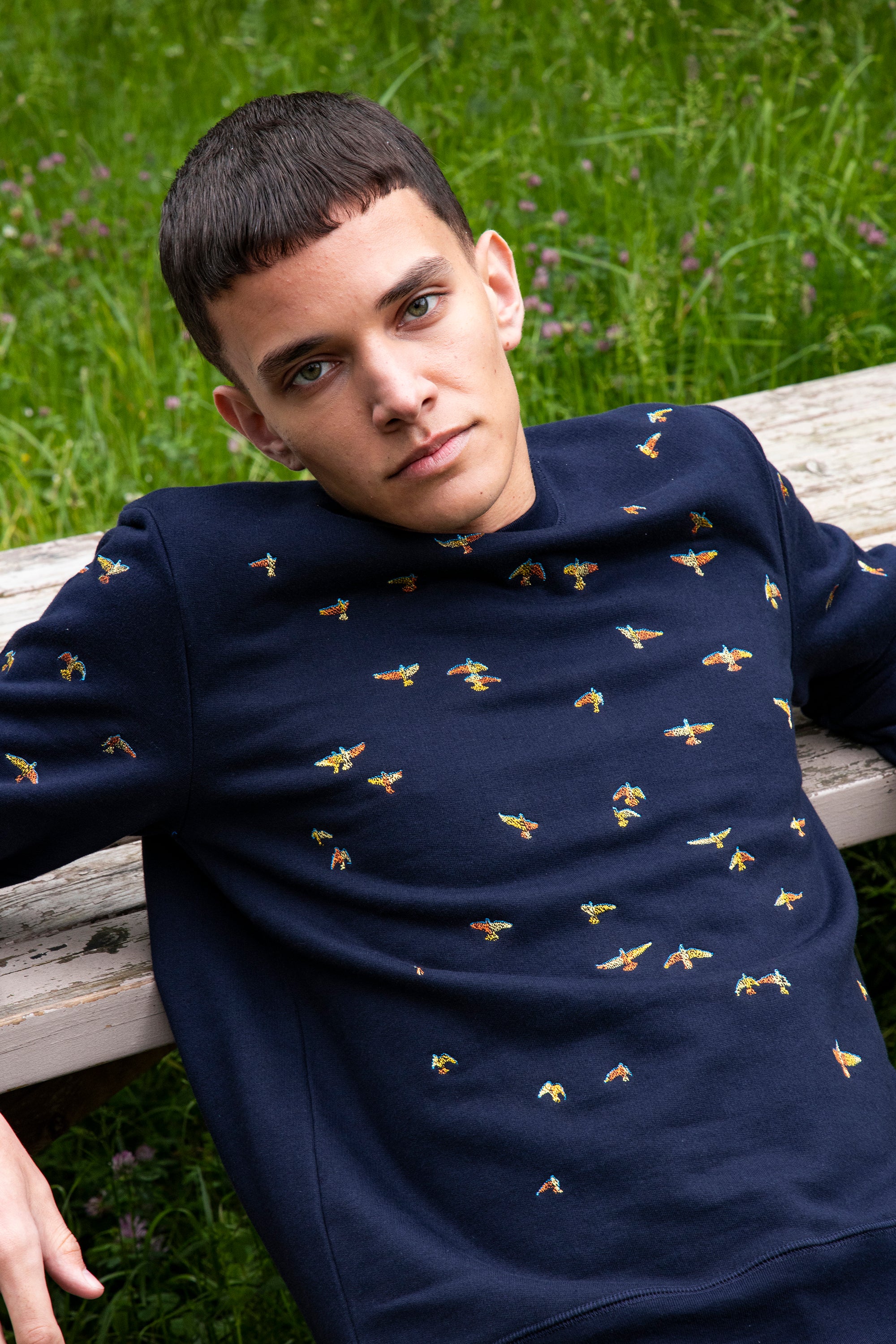 sweat bleu marine en coton broderie oiseaux