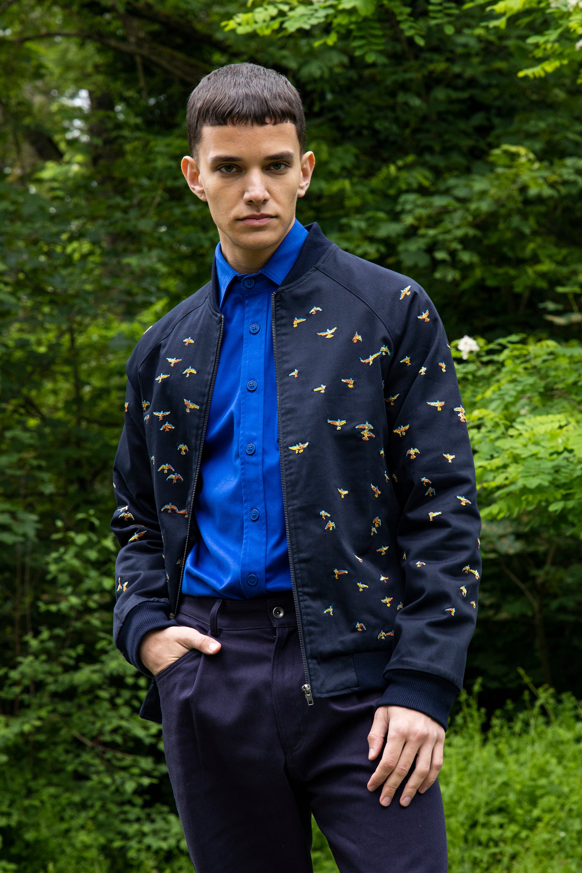 Navy blue coats for men with all-over bird embroidery