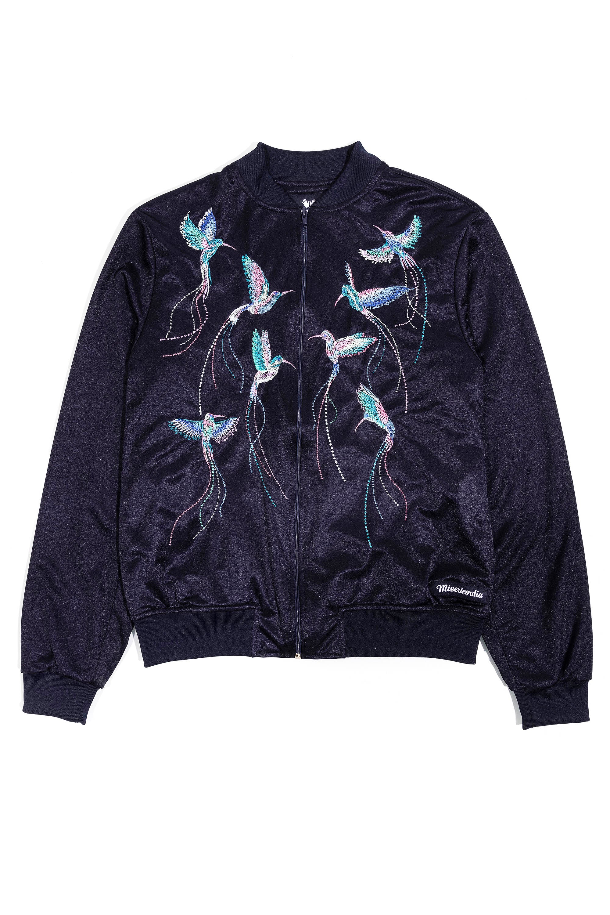 bomber souvenir bleu marine avec broderie colibri au dos détail broderie