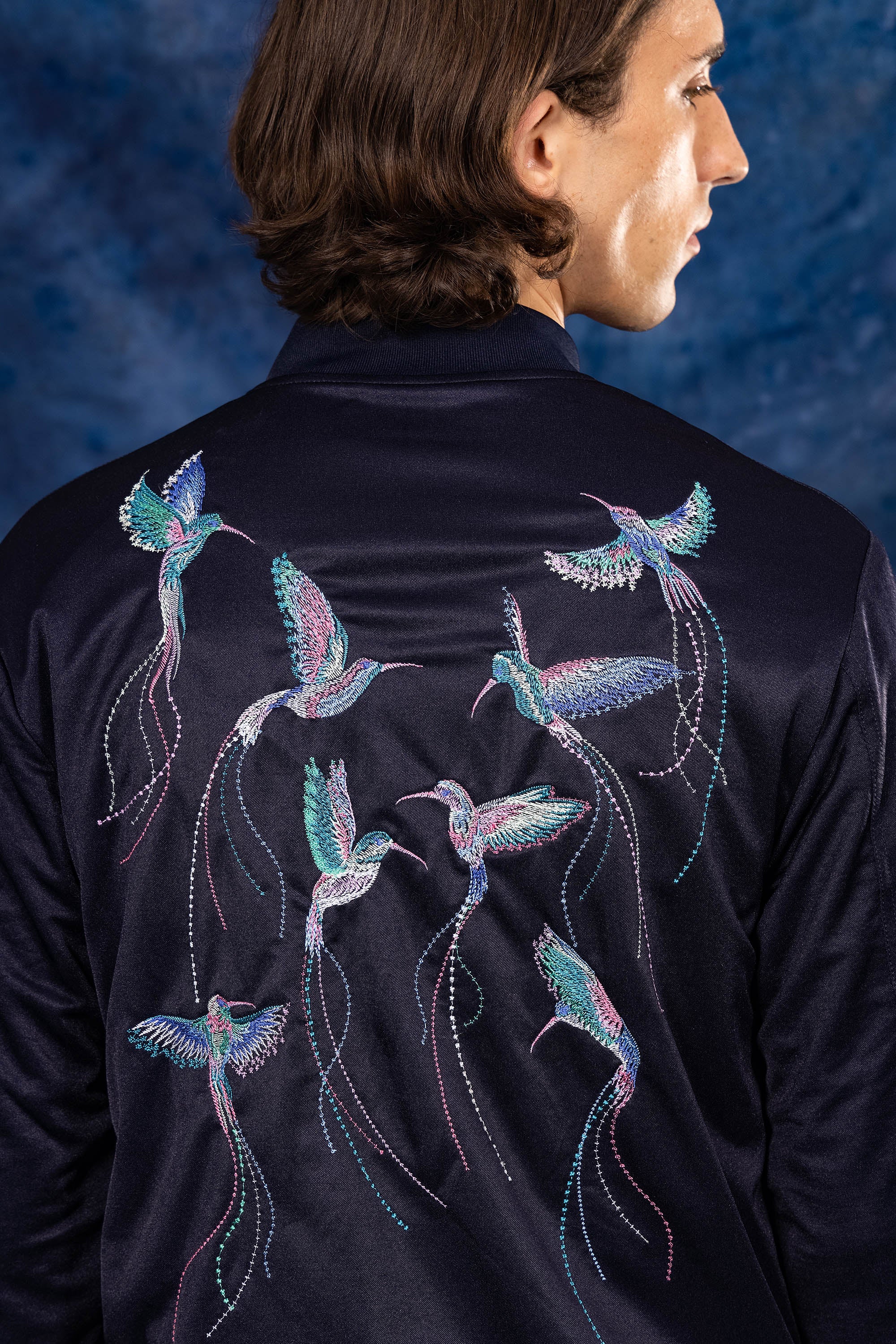 navy blue souvenir bomber jacket with hummingbird embroidery on the back new new summer collection 2023 misericordia