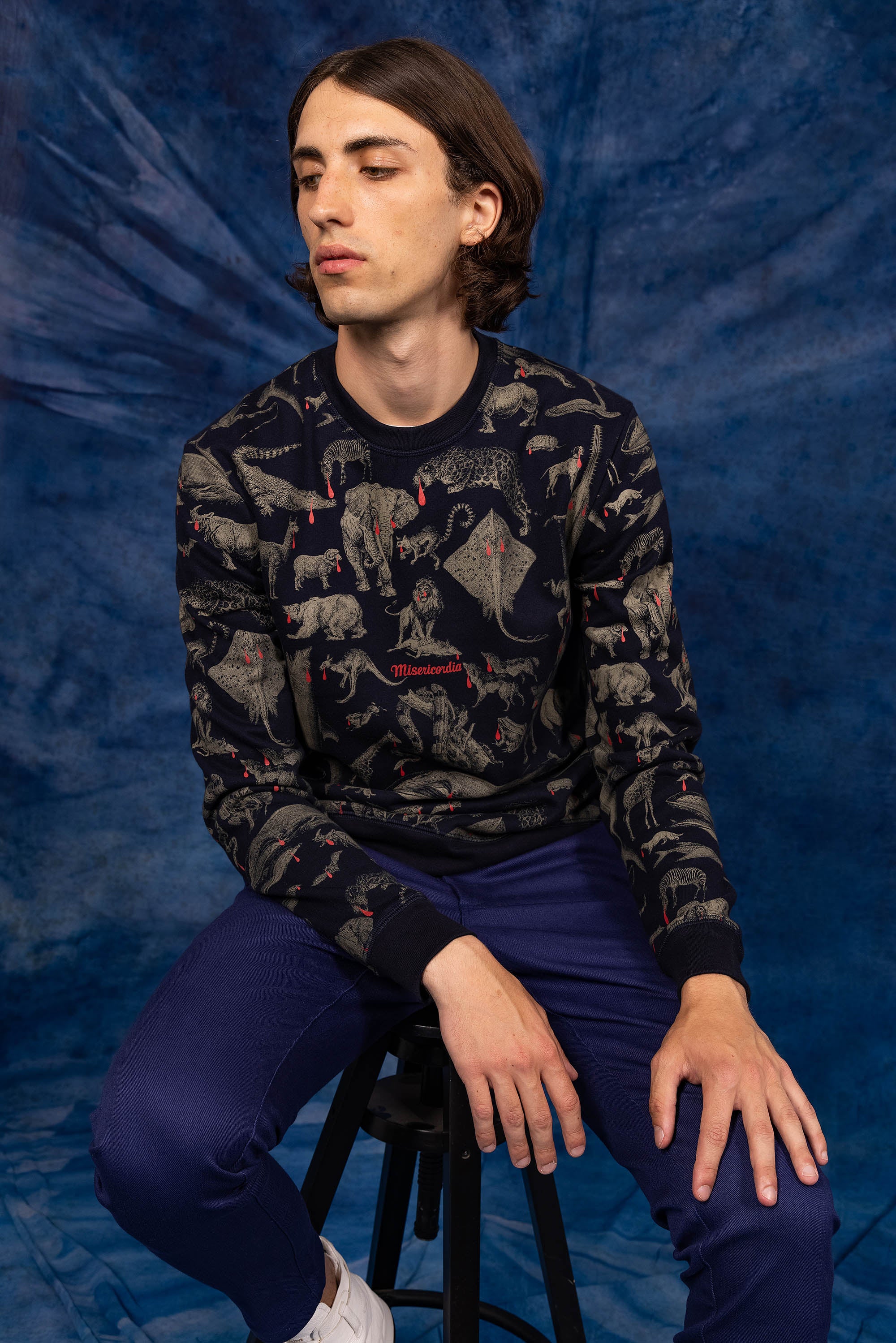 navy blue sweatshirt printed in cotton with animal motifs novelty new summer collection 2023 misericordia