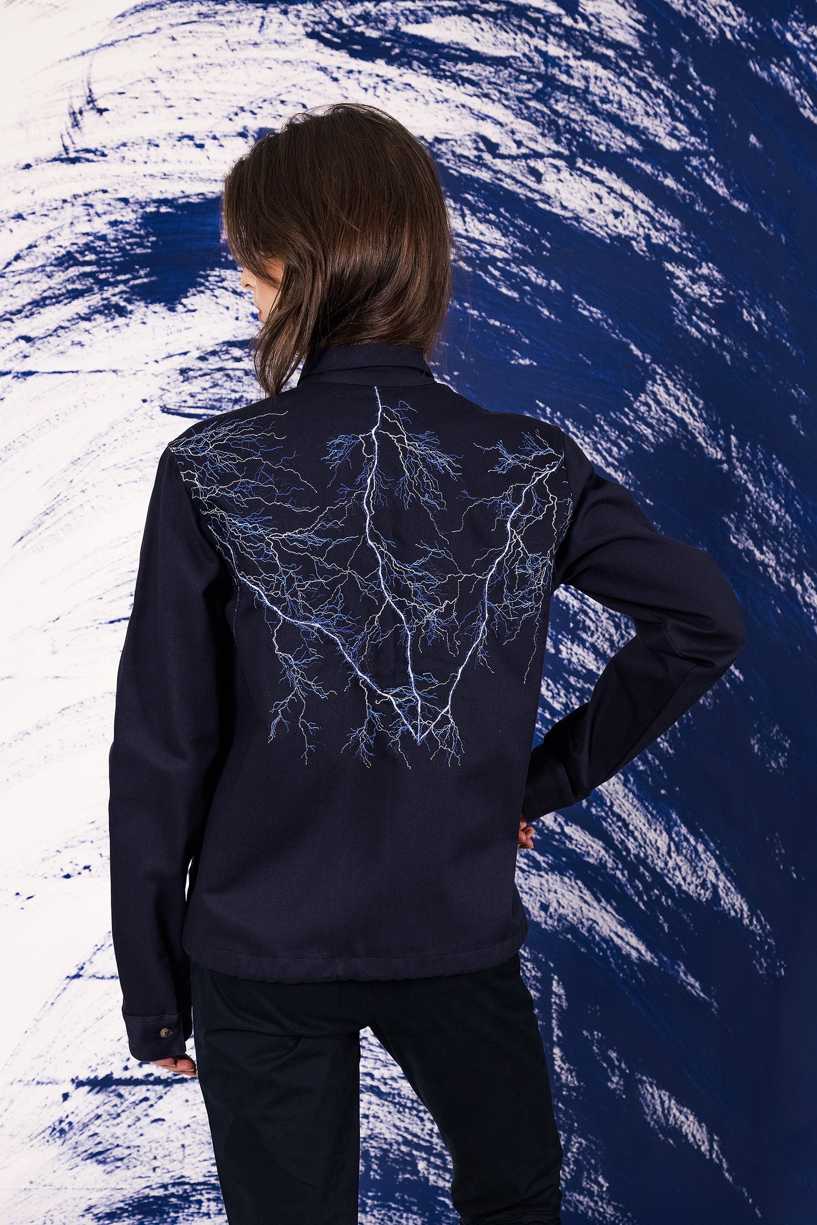 Women's navy blue overshirt embroidered in Peru craft lightning white lightning thunder night Thunder storm tumut commotion storm blast tempest