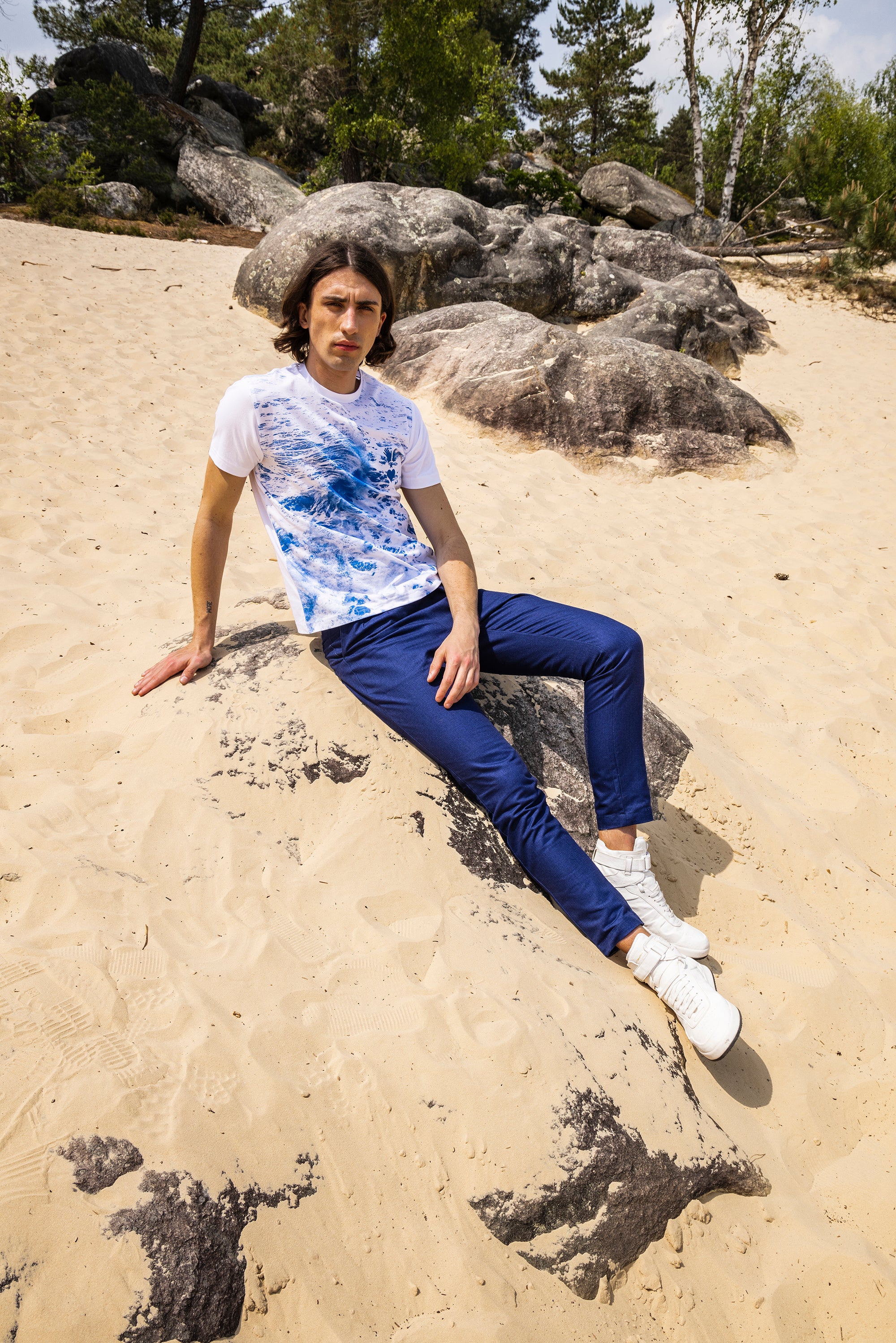 white printed cotton t-shirt with ultimate wave pattern