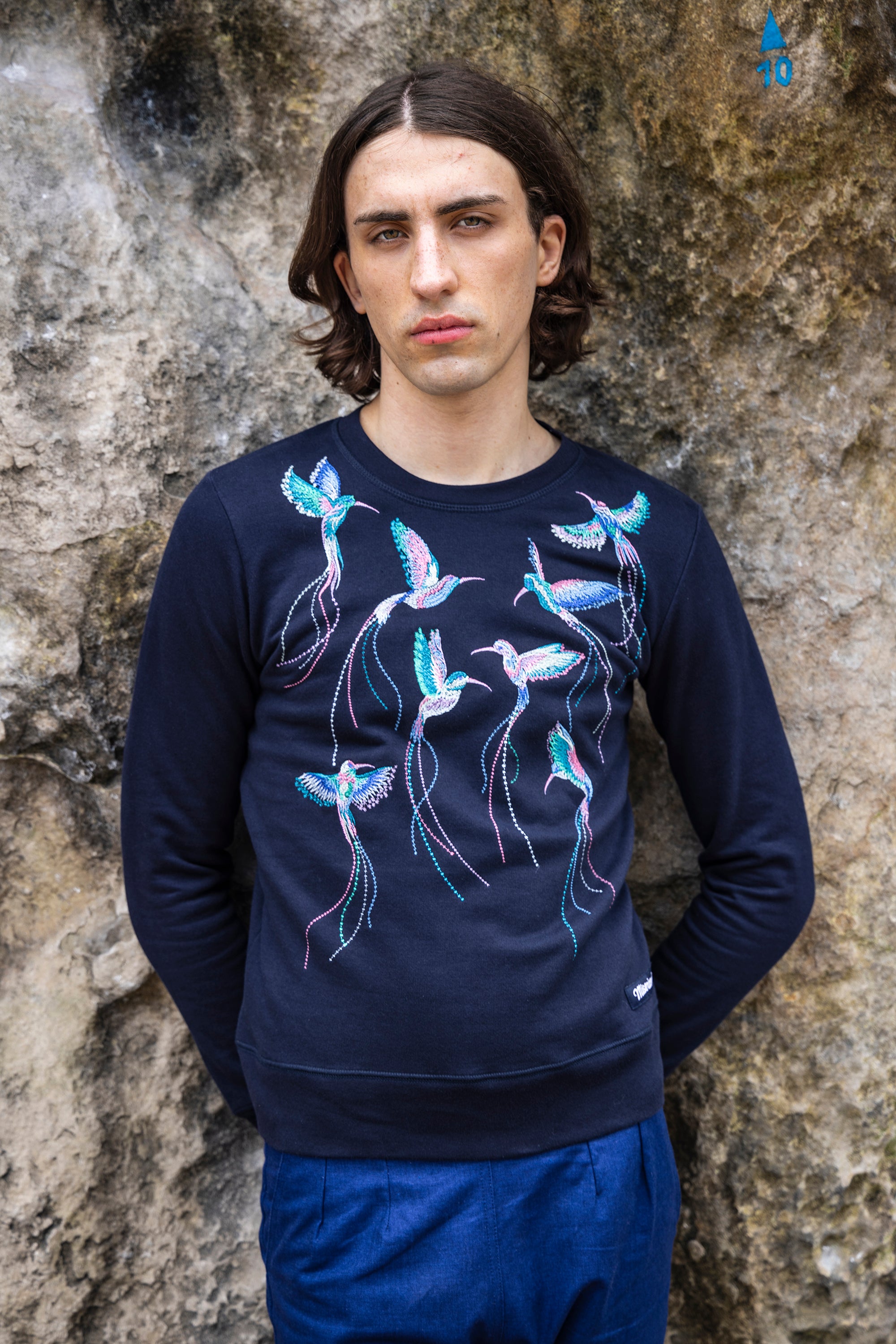 navy blue cotton sweatshirt with hummingbird embroidery