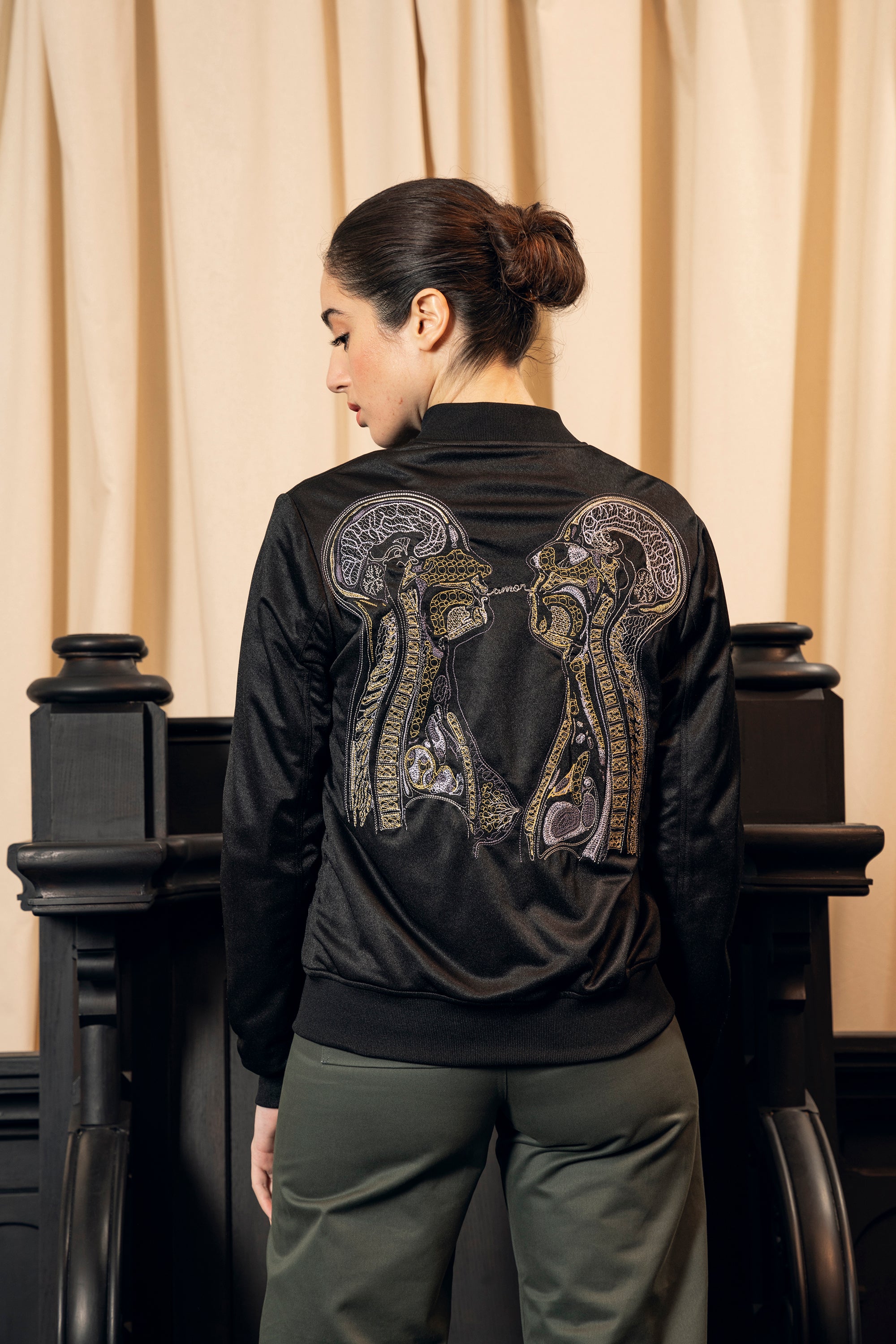 Women's black satin bomber jacket with embroidery