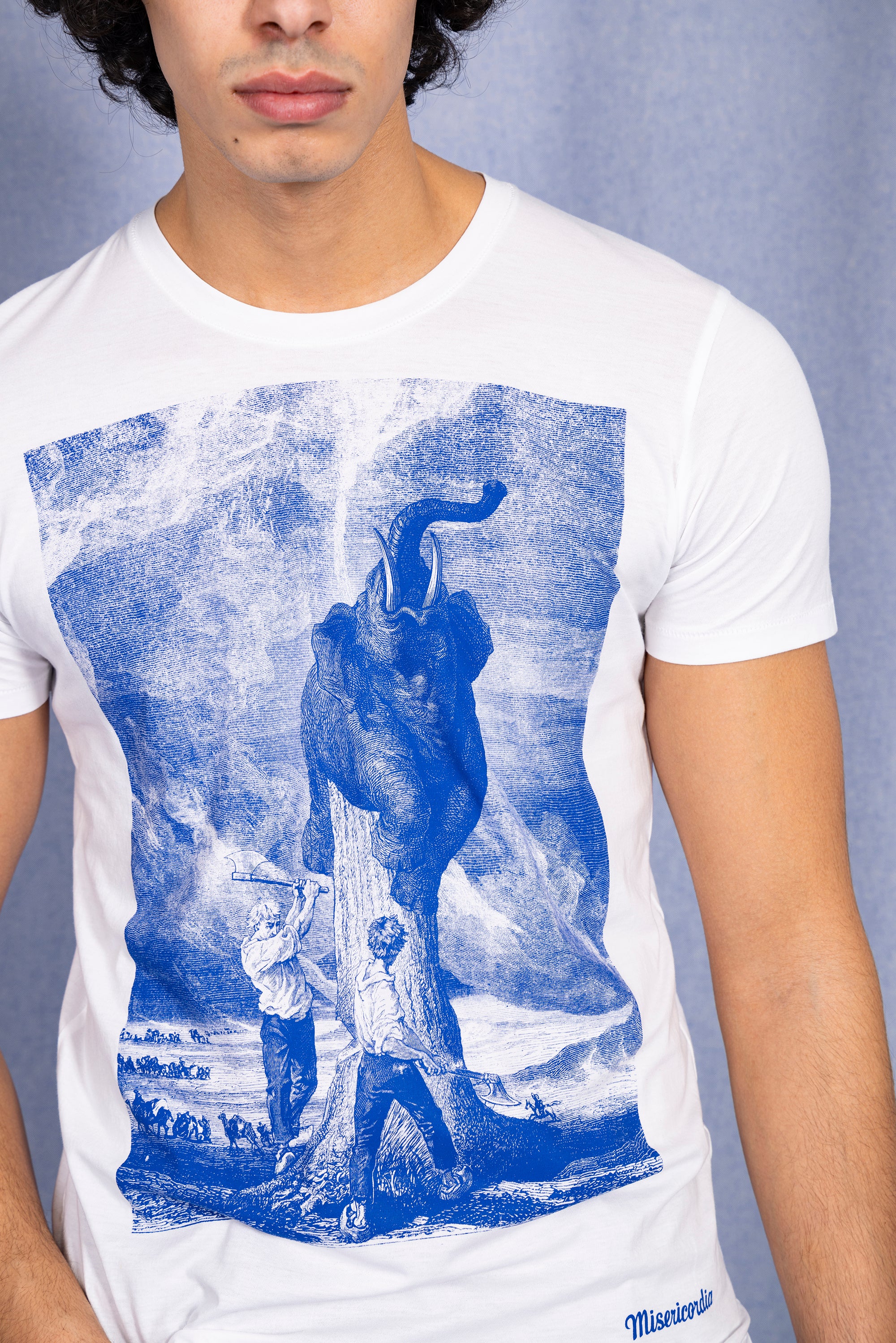 T shirt coton fin léger homme imprimé sérigraphie bleue et blanche gravure été printemps