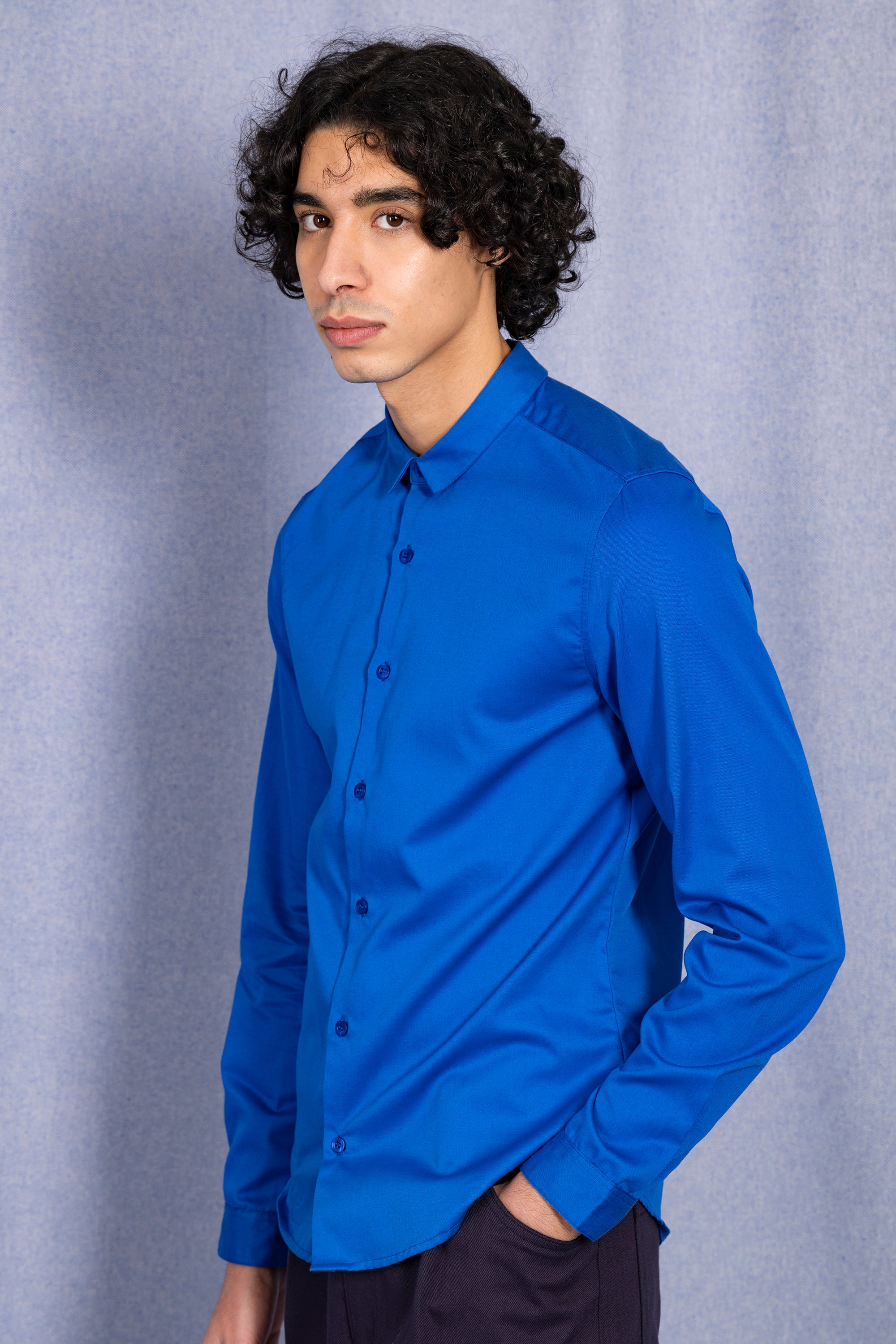 Sapphire blue shirt for men, light cotton, modern ethical fashion, casual chic