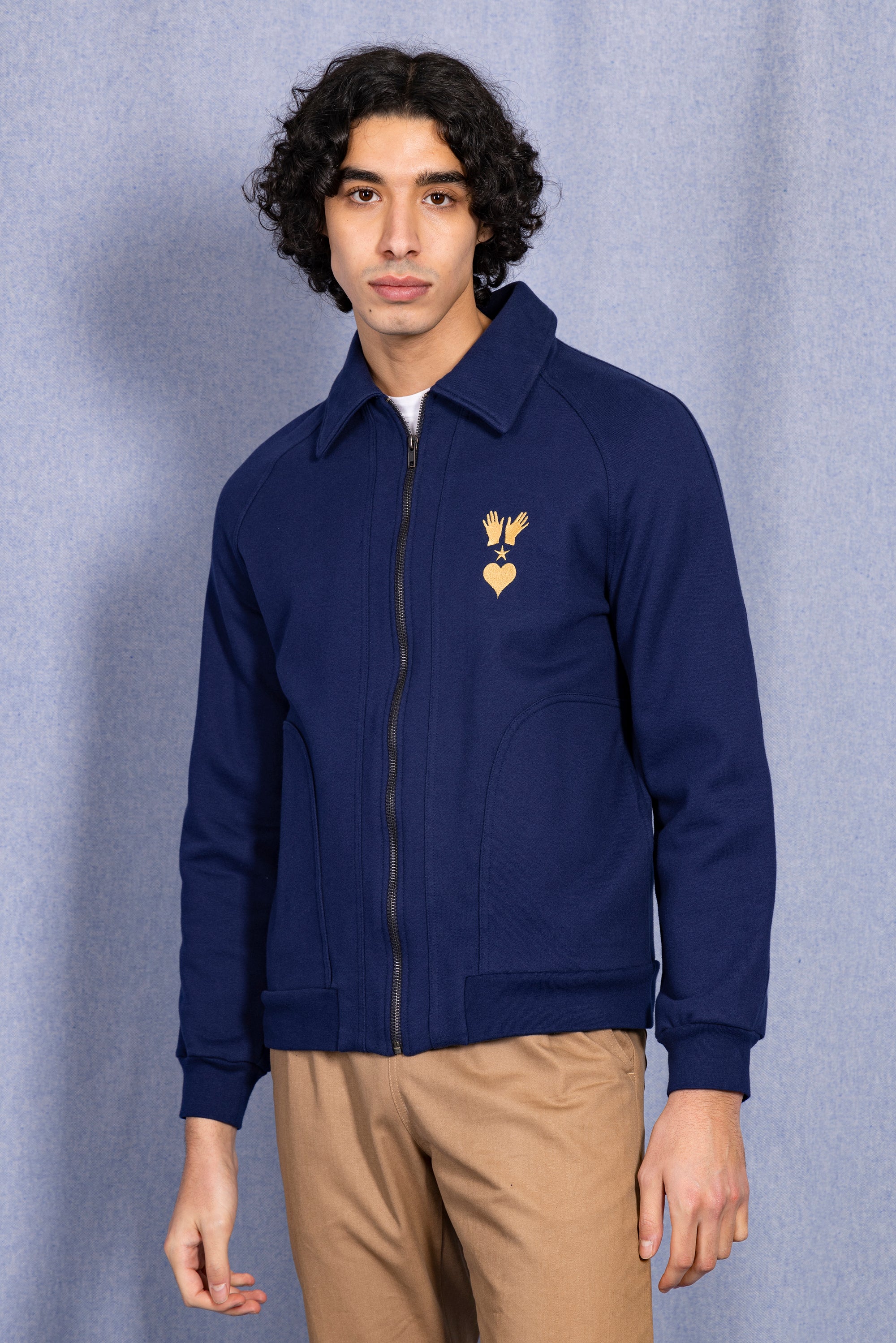 Elegant men's navy blue sports jacket with structured stitching, ethical fashion, spring summer, Peru