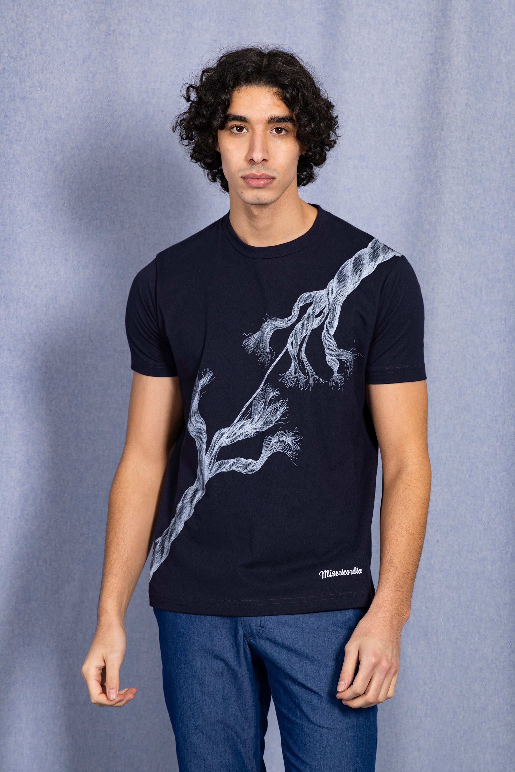 men's navy blue t-shirt fine cotton summer subtle print ethical fashion
