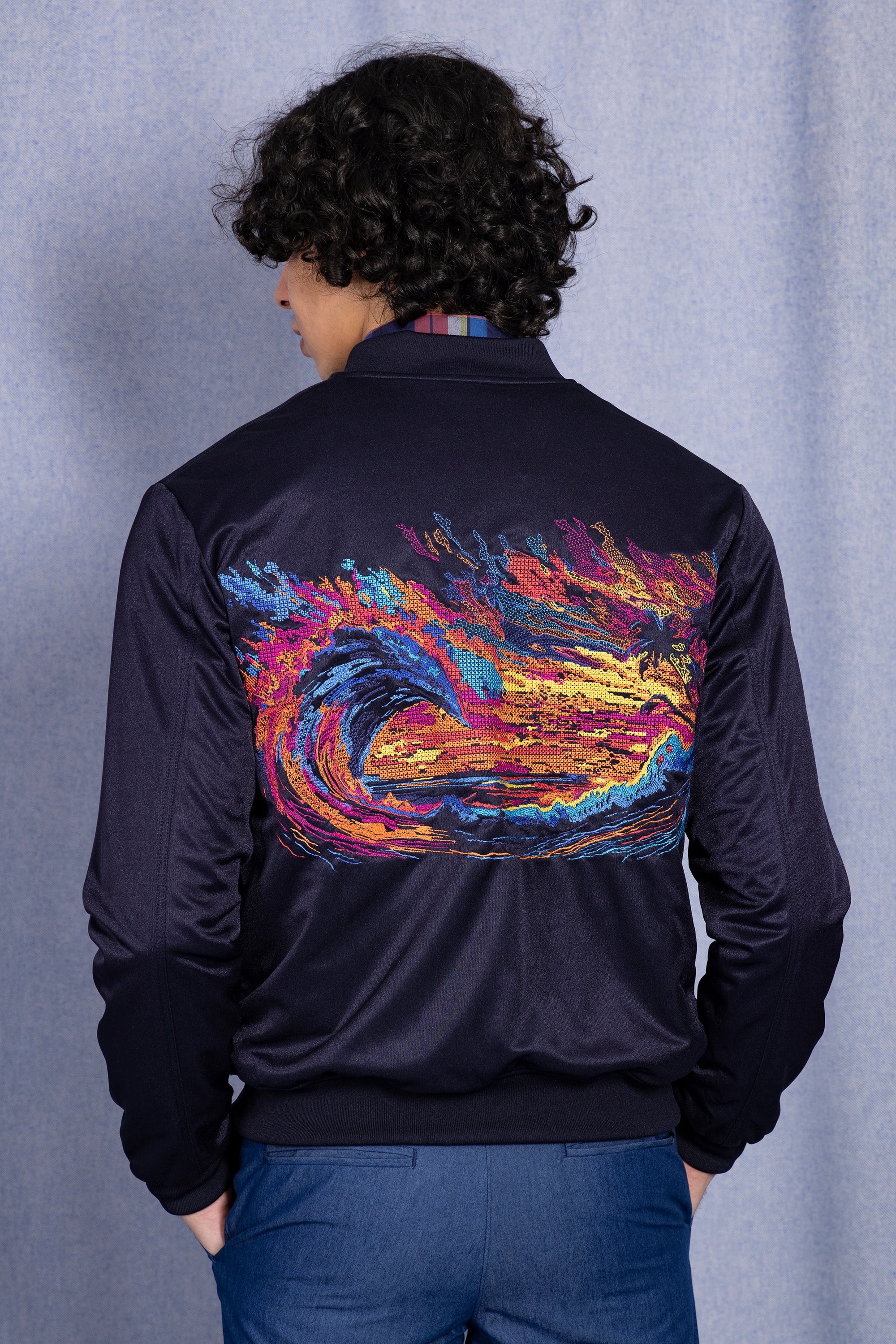deep blue satin sports jacket colorful embroidery man ethical sportswear