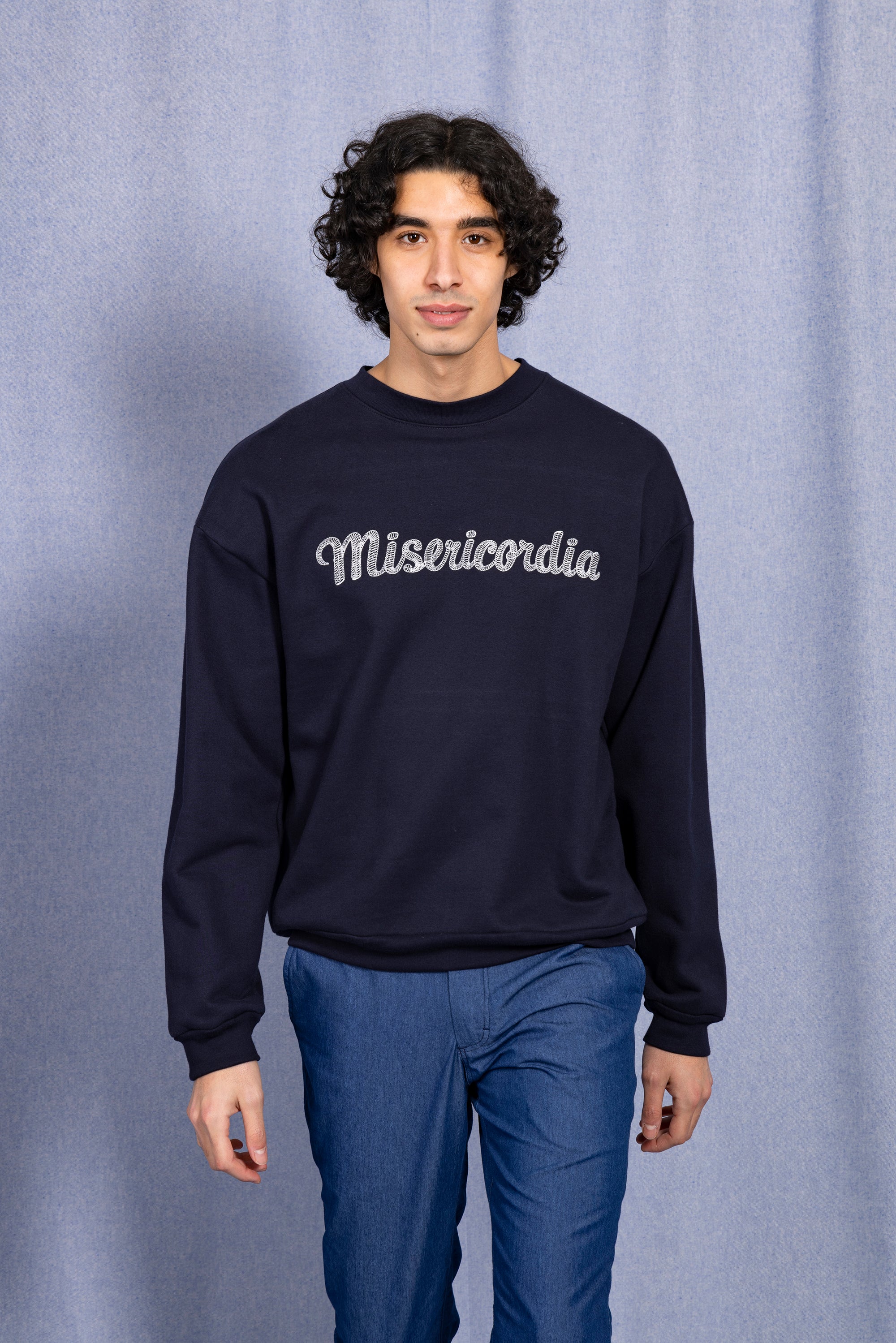 Classic navy blue men's sweater in fair trade ethical Peruvian cotton