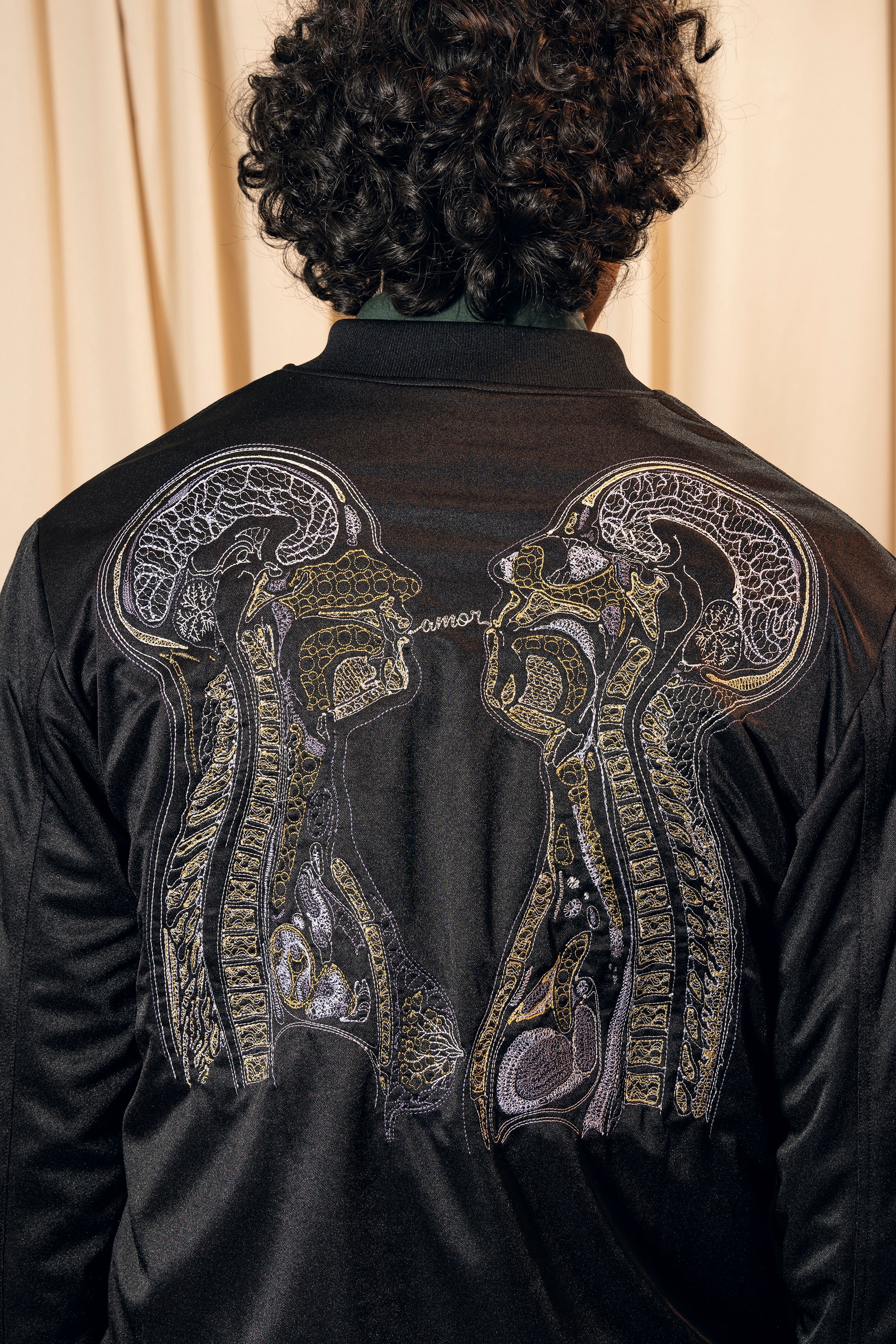 men's mid-season jacket black satin cotton artisanal graphic embroidery Peruvian manufacturing
