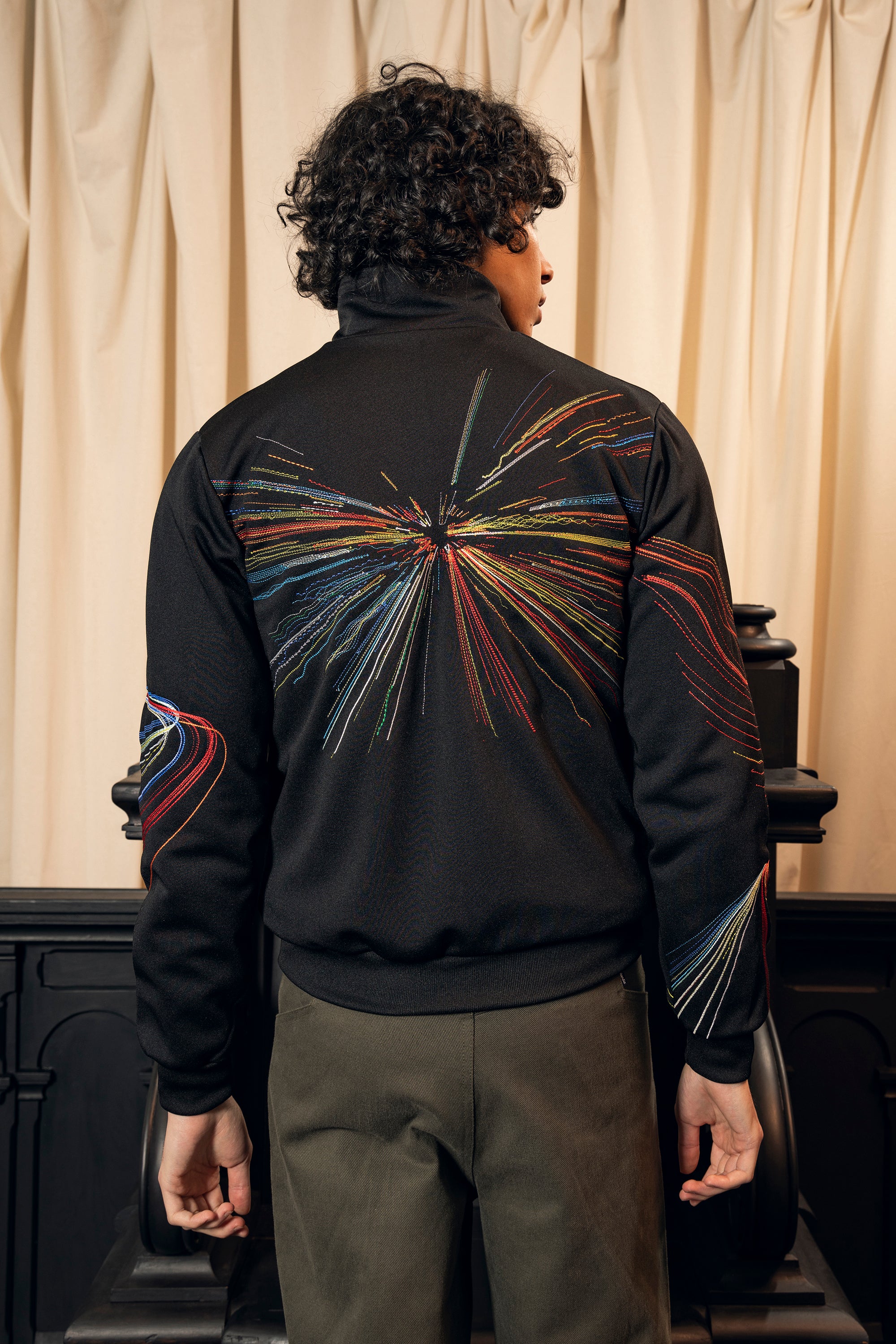 men's sports jacket heritage urban sportswear chic casual black artisanal embroidery colorful graphic design