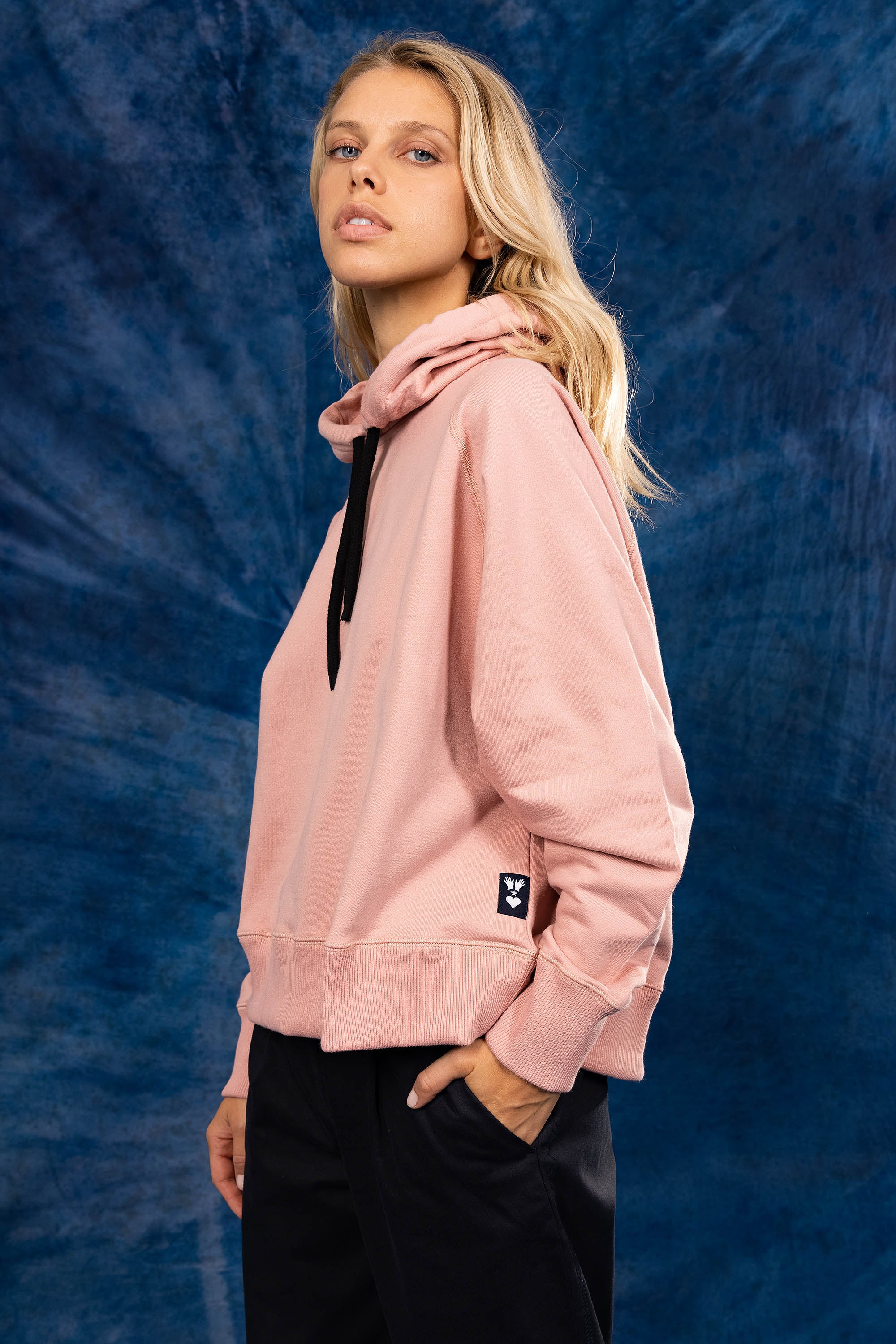 loose fit pale pink hoodie sweatshirt and black drawstrings novelty new summer collection 2023 misericordia woman