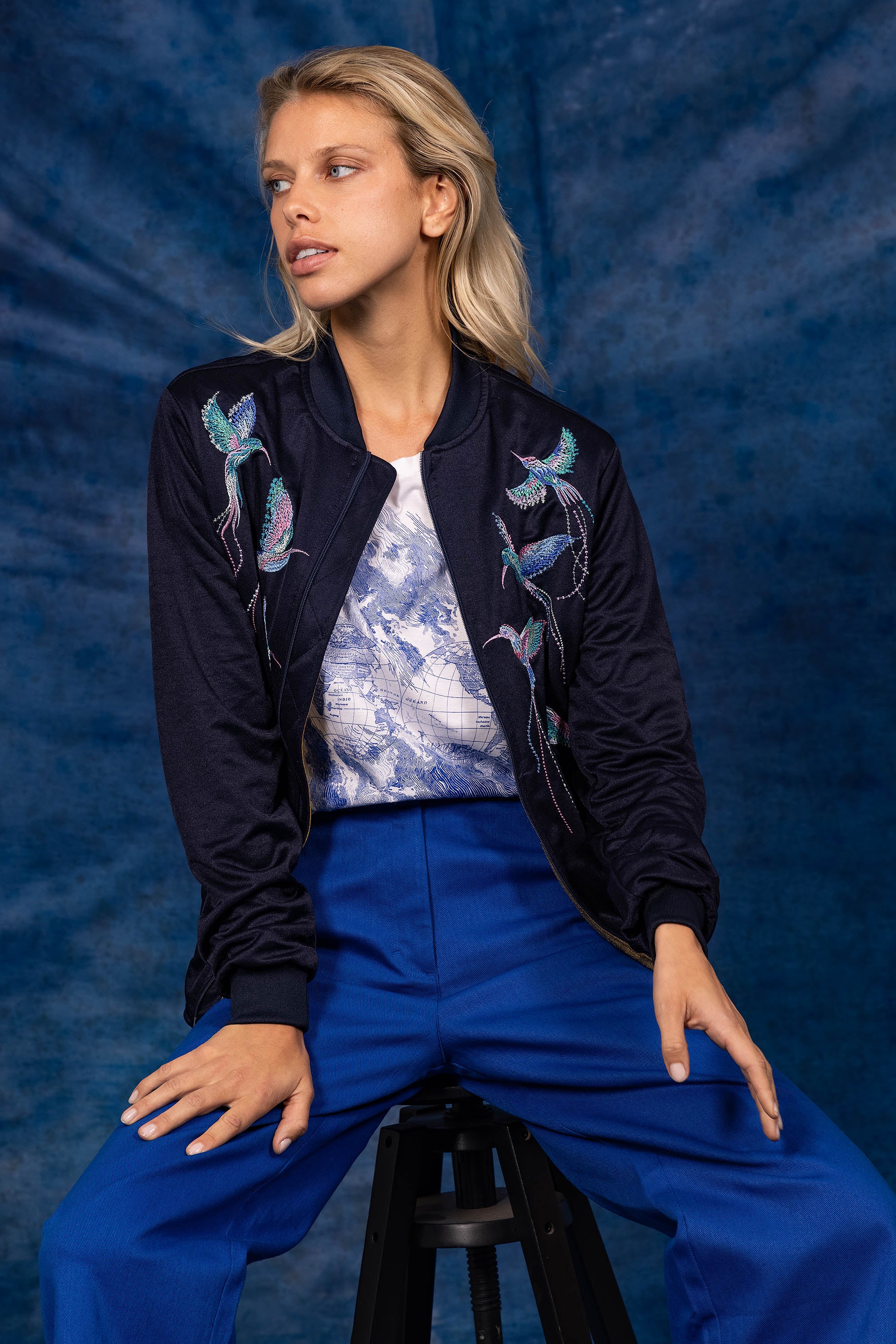 navy blue souvenir bomber jacket with hummingbird embroidery on the back new new summer collection 2023 misericordia