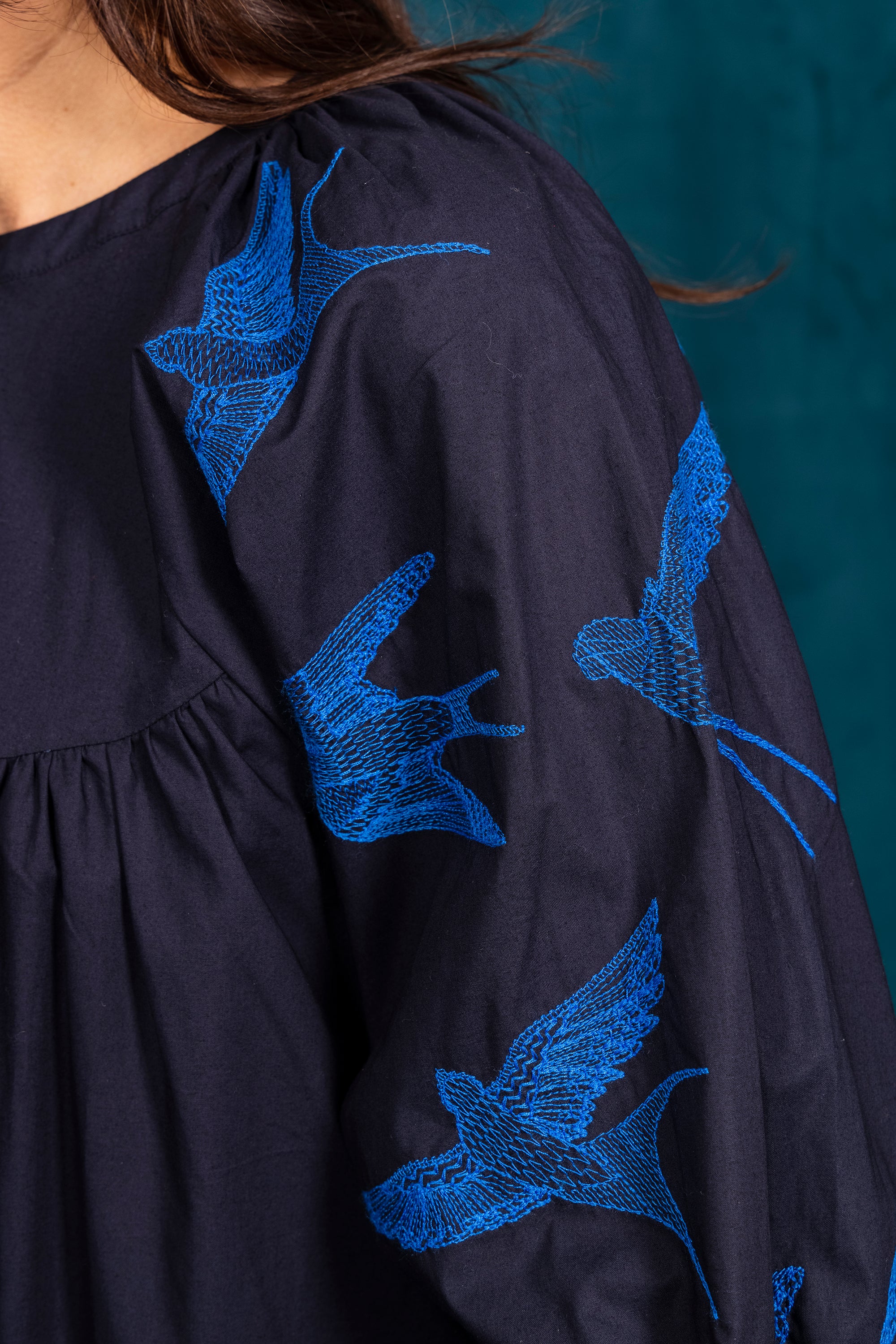 navy blue shirt dress with bird embroidered sleeves