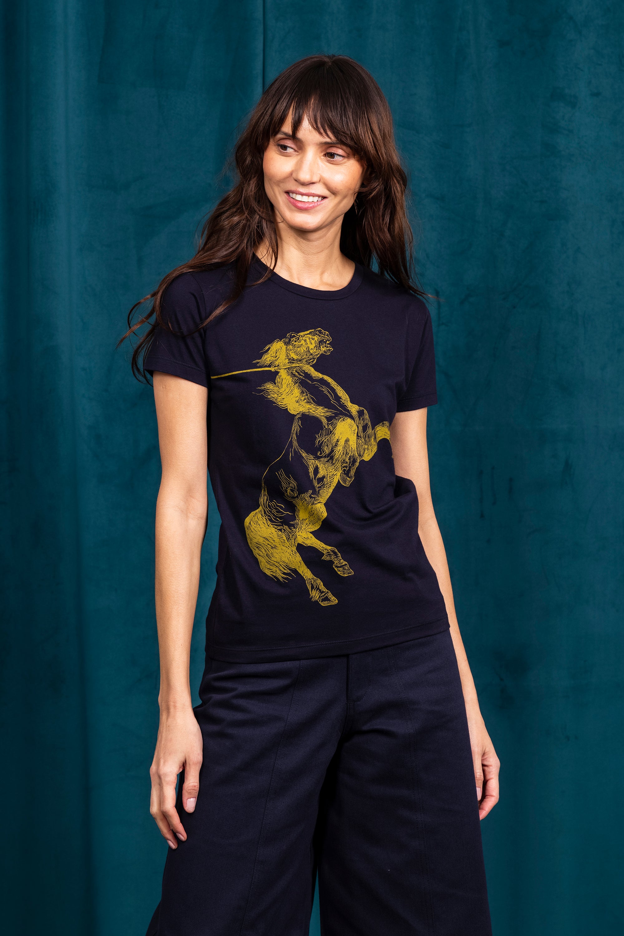 navy blue horse print cotton t-shirt slim fit