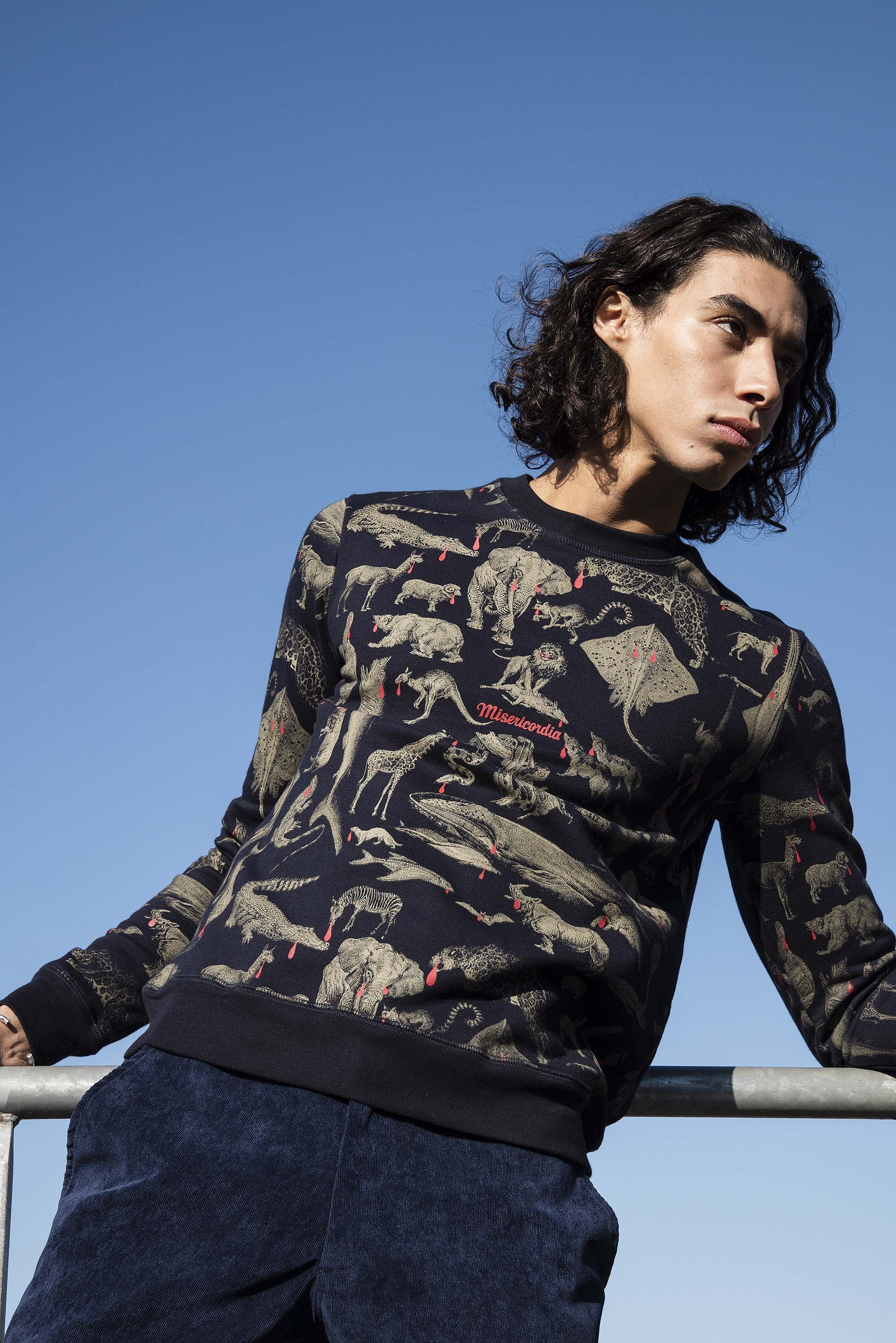 Navy blue sweatshirt printed in cotton with disappearing animal motifs, classic cut, normally sized