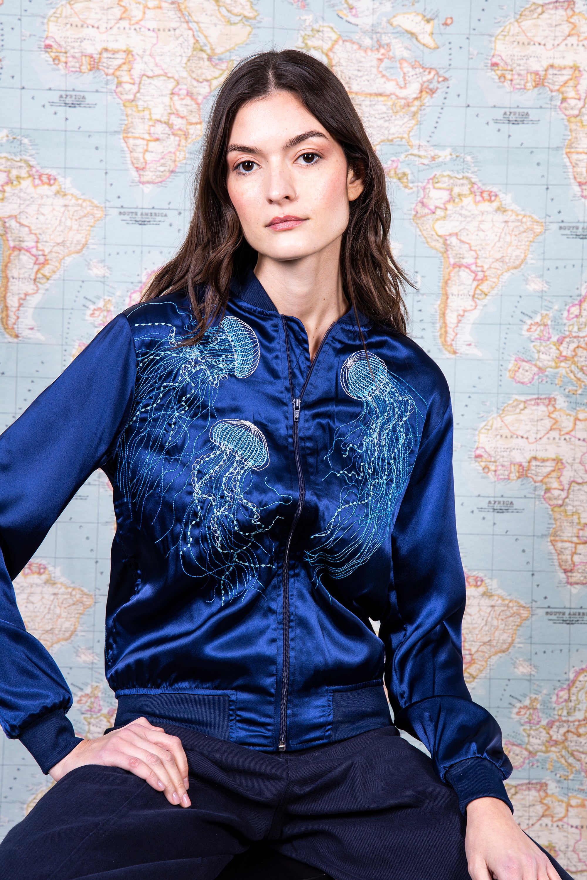 mid-season women's satin jacket fitted bomber artisanal embroidery sapphire blue ethical and sustainable fashion Peru local artisanal textile elegant fitted