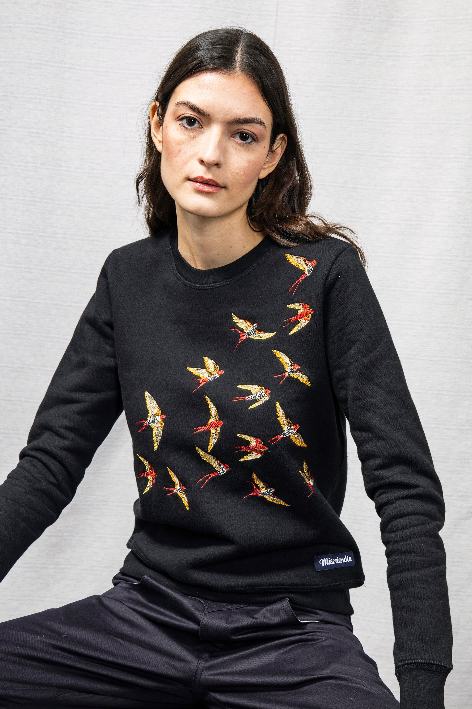 women's cotton sweater embroidered patterns handcrafted yellow and red bird patterns fitted black mid-season sweater women's cotton elegant refined Peruvian cotton