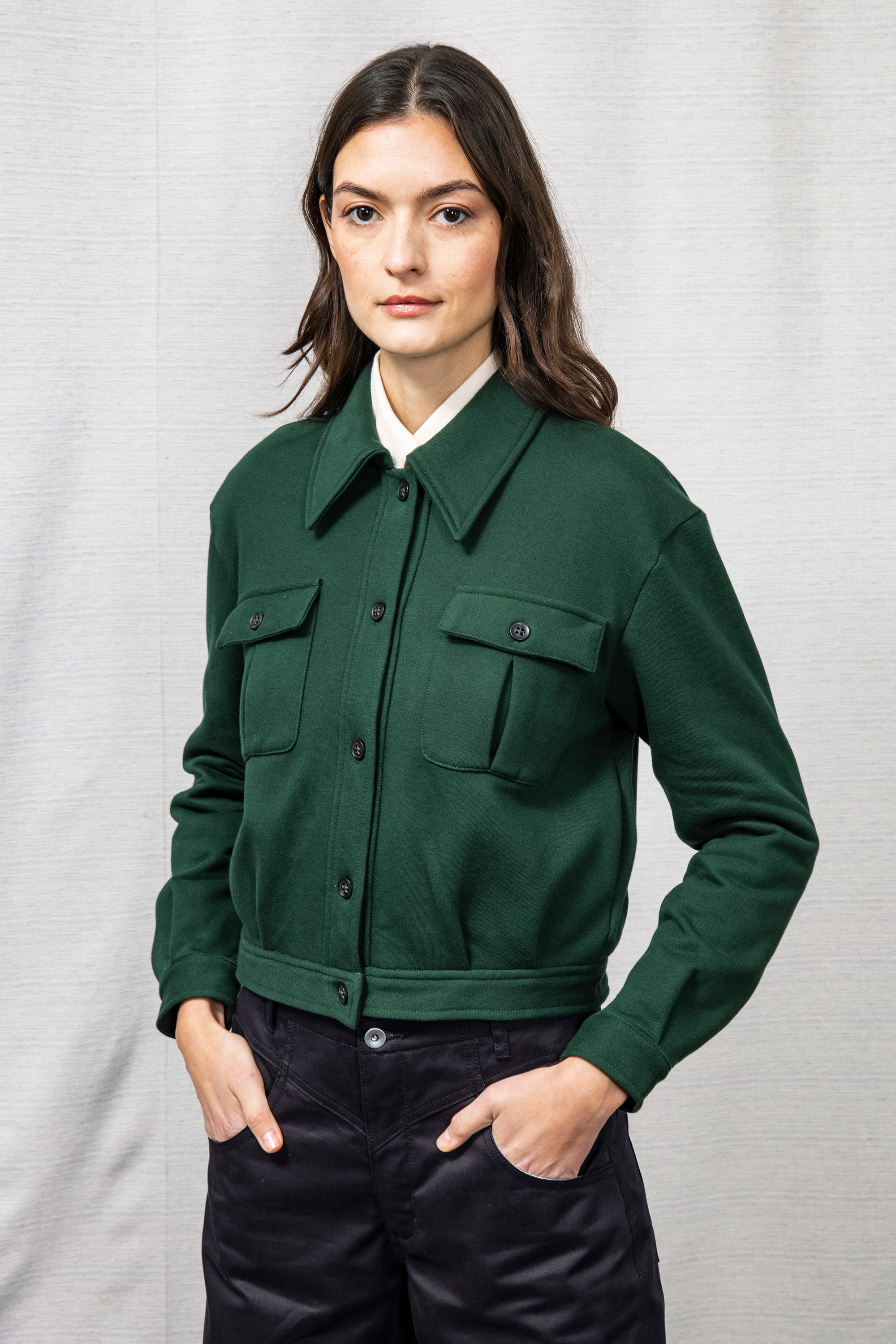 short cropped women's jacket pine green deep emerald green Peruvian cotton soft and comfortable mid season spring summer elegant simple