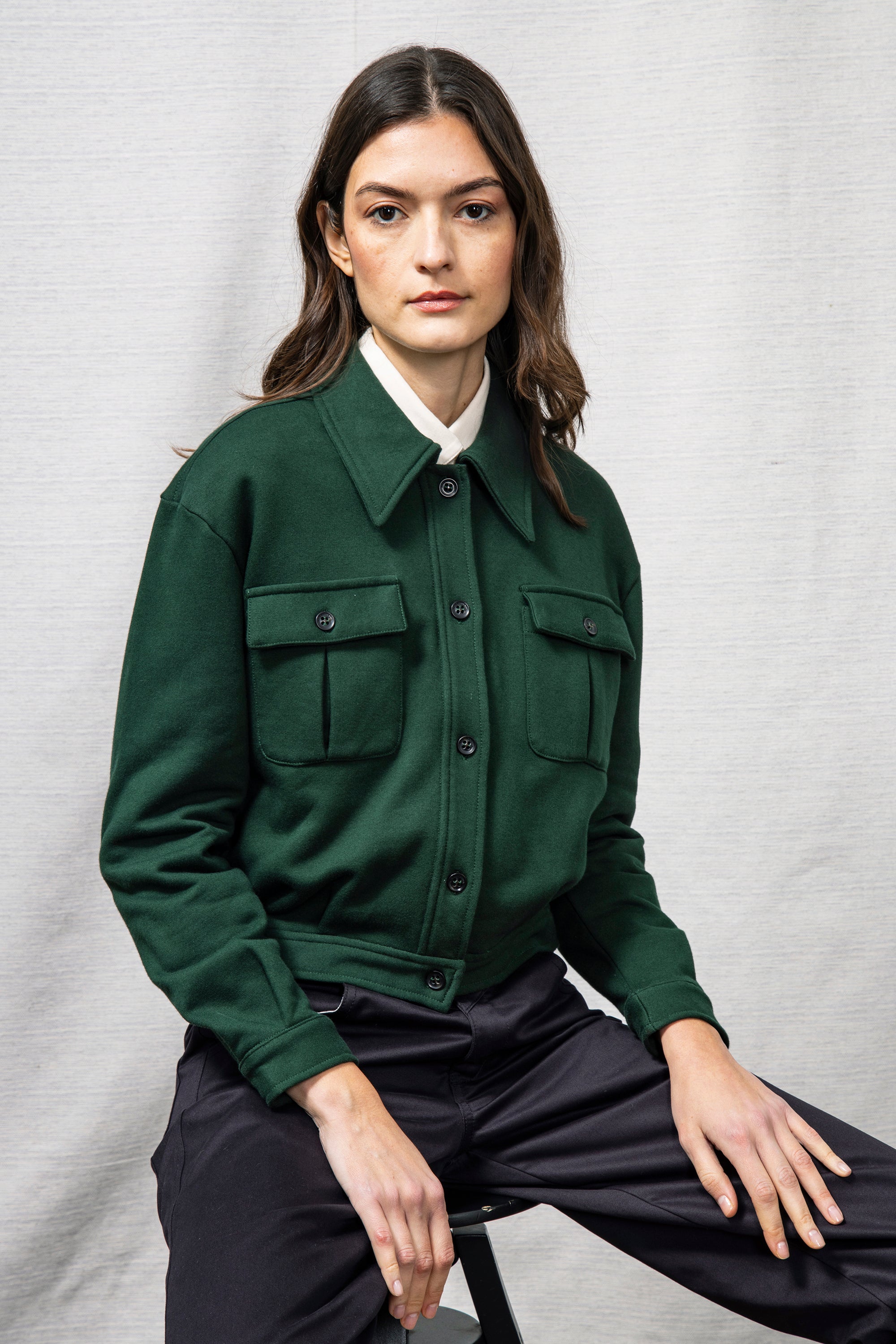 short mid-season jacket thick cotton warm and soft bottle green fir green woman modern mixed fashion worked details comfort mid-season spring summer ethical fashion