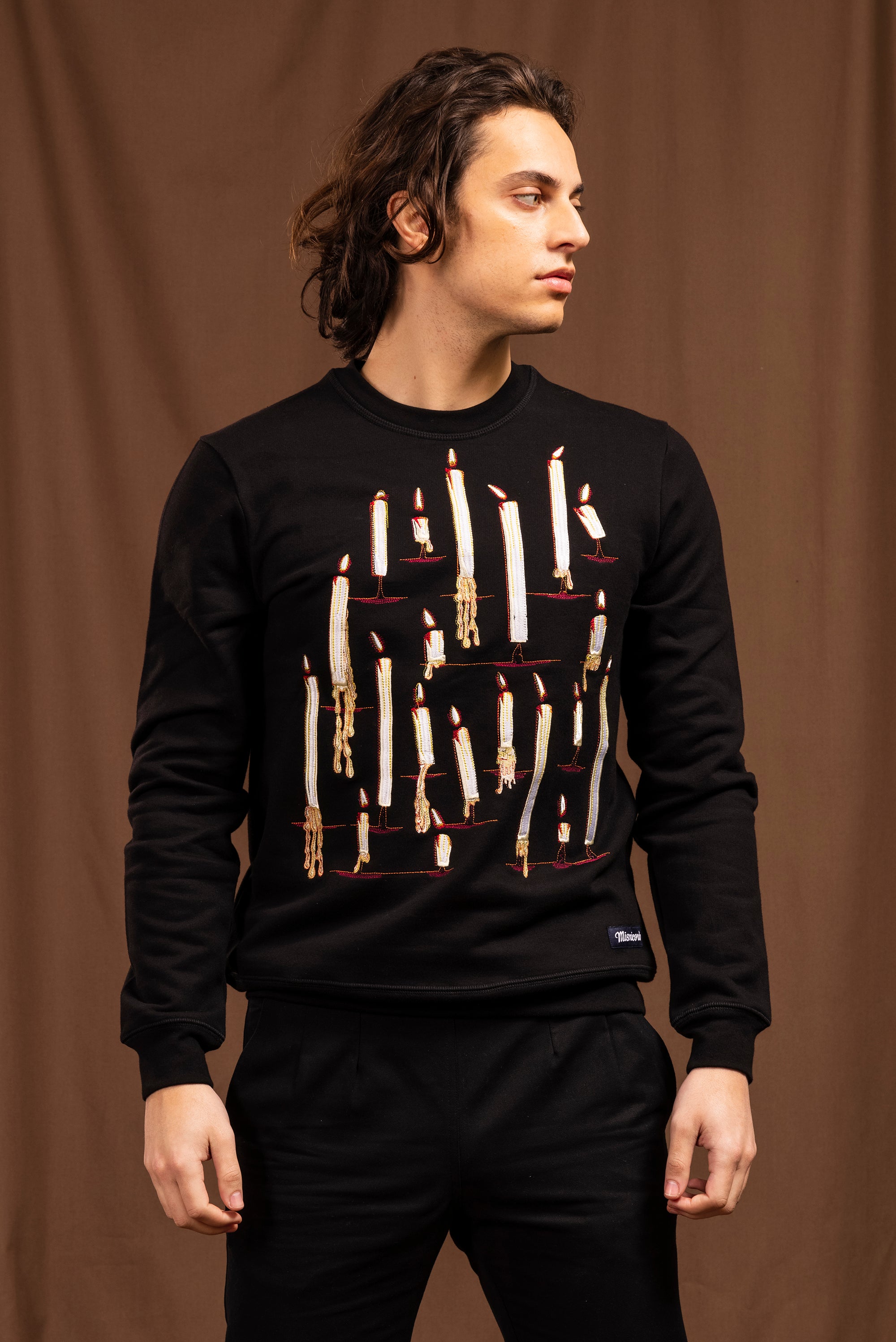 black cotton sweatshirt with candle embroidery, straight cut