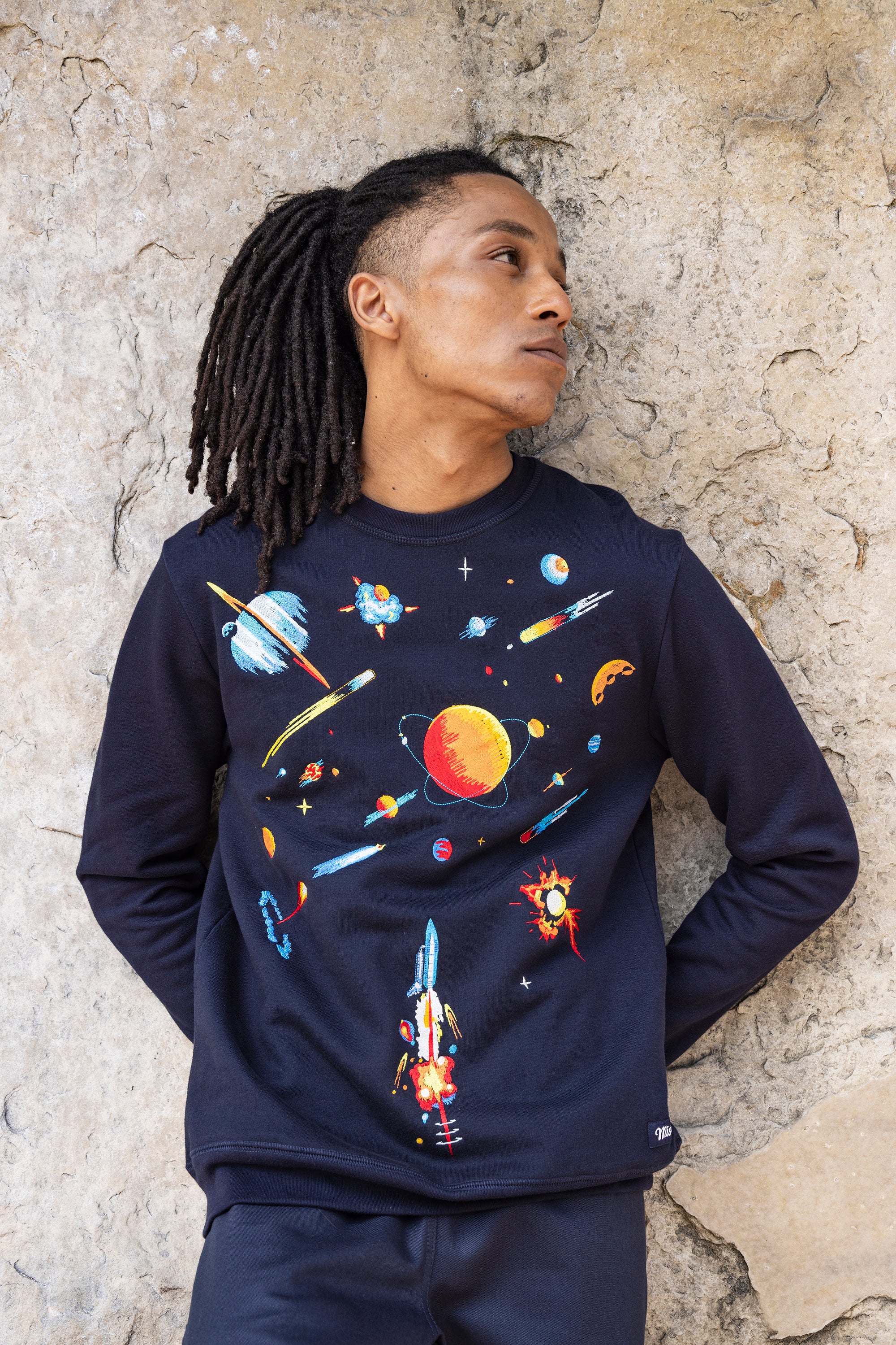 navy blue cotton sweatshirt with rocket embroidery in space