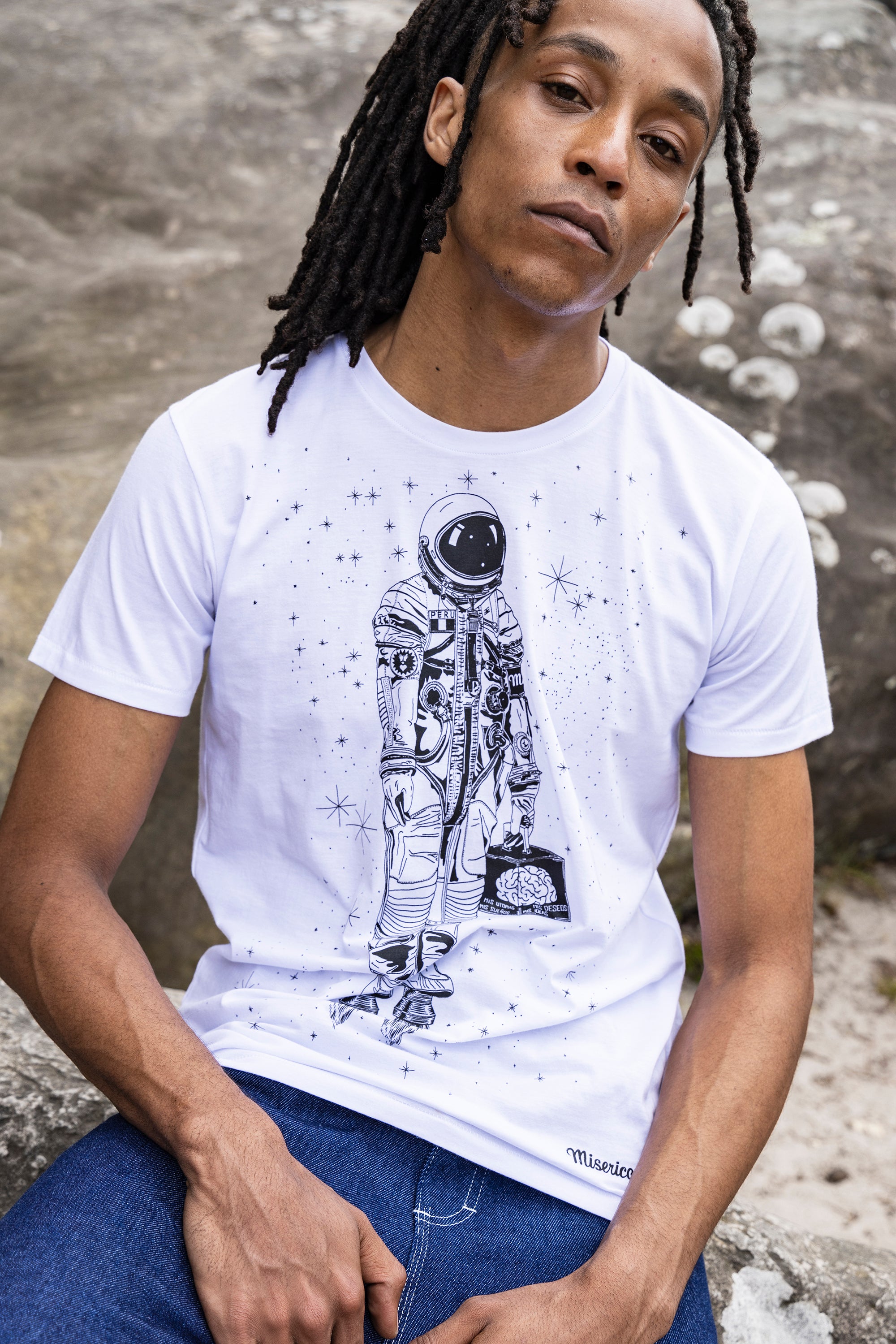 t-shirt blanc imprimé astronaute en coton coupe ajustée