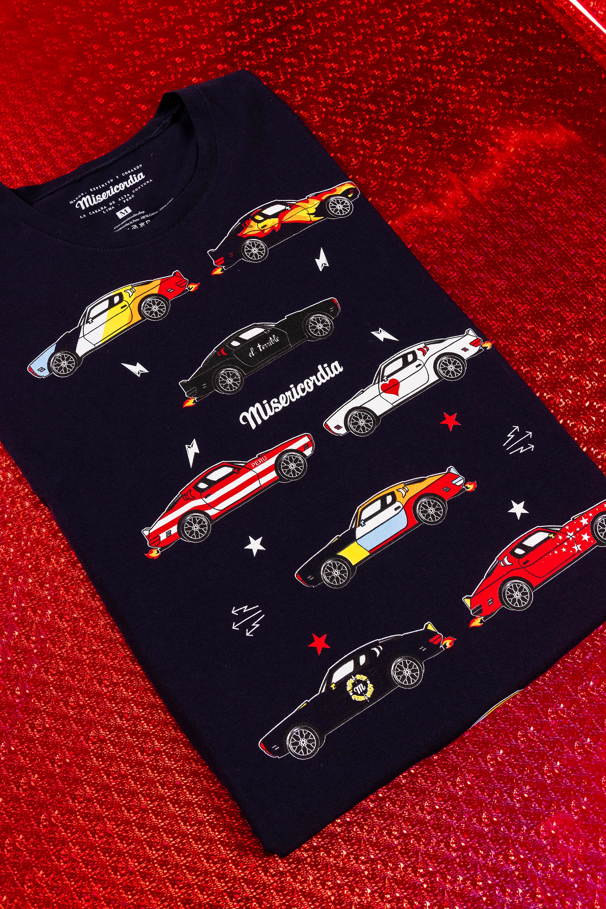 navy blue t-shirt printed cotton racing cars gift idea for Christmas misericordia