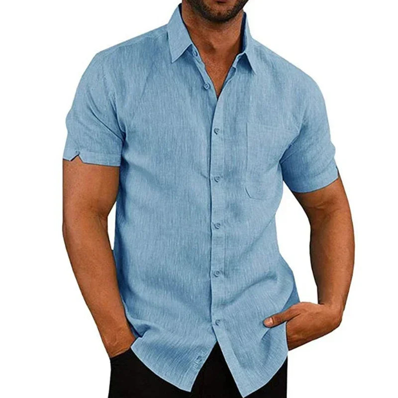 Men's Cotton and Linen Button Up Short Sleeve Shirt
