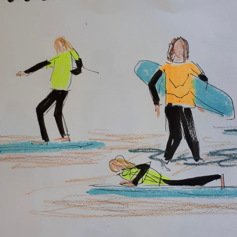 Sketching the surf school at Whitesands Bay in St David’s in Pembrokeshire by Alice Draws the Line