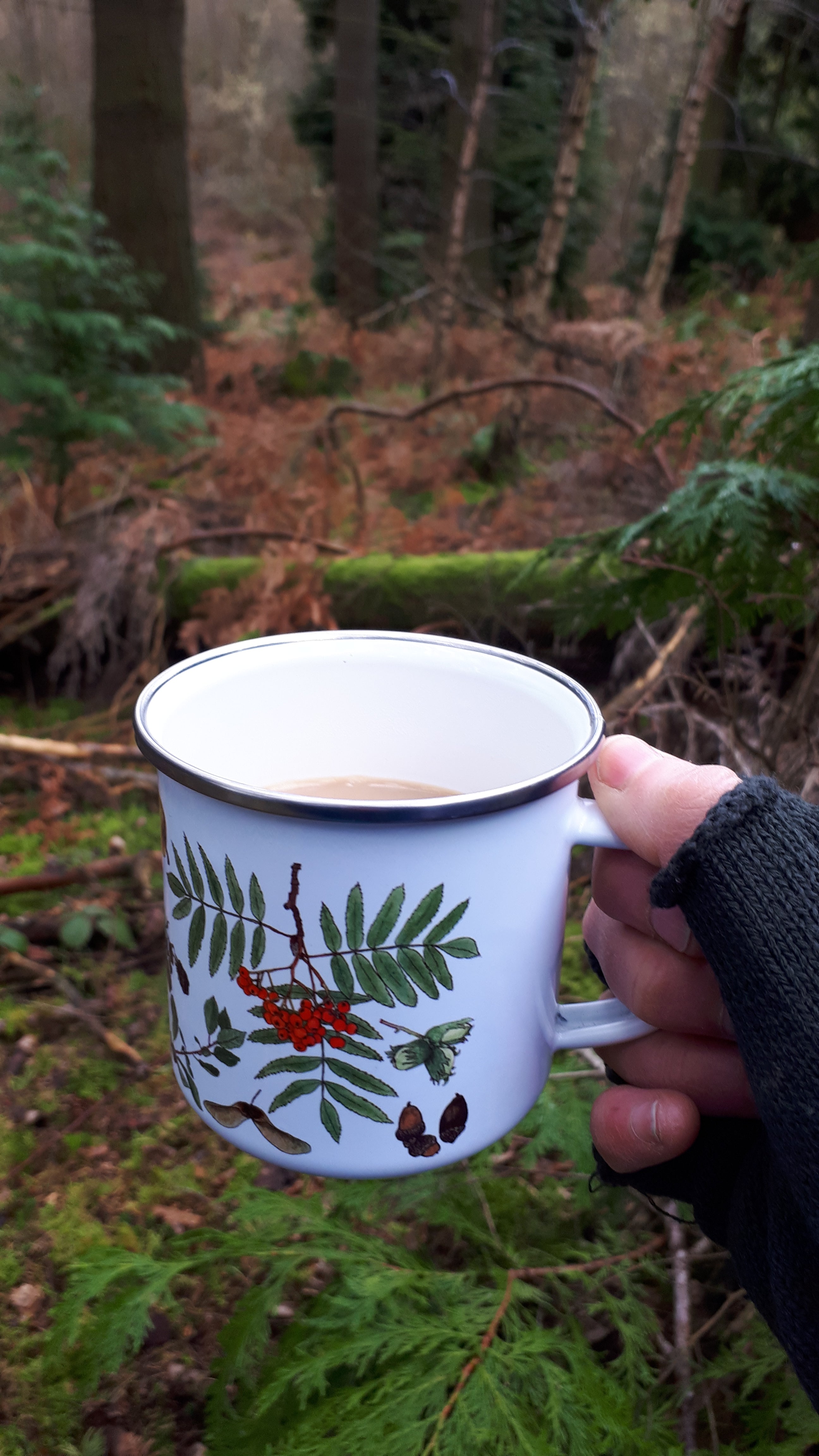 Coffee break on a Forest Friday walk in the woods with Alice Draws the Line, Autumn enamel mug design