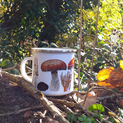 Fungi enamel mug design by Alice Draws the Line, mushroom coffee cup