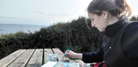 Alice sketching on the headland near St David’s Pembrokeshire