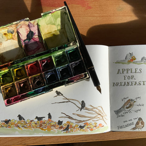 Birds eating apples for breakfast by Alice Savery, Alice Draws the Line