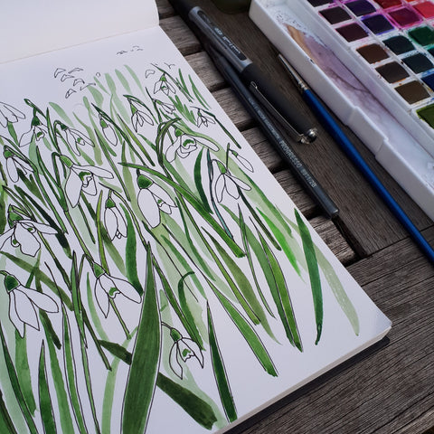 Snowdrops calendar image in progress by Alice Draws the Line