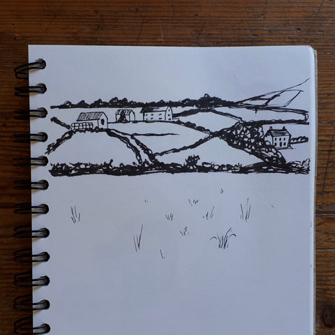 Ink sketch of the view by Alice Draws the Line, towards St David’s, Pembrokeshire