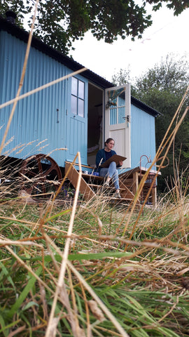 Alice Draws the Line sketching at the Emily Rose Shepherds hut at Logfire Holidays Gwenoldy