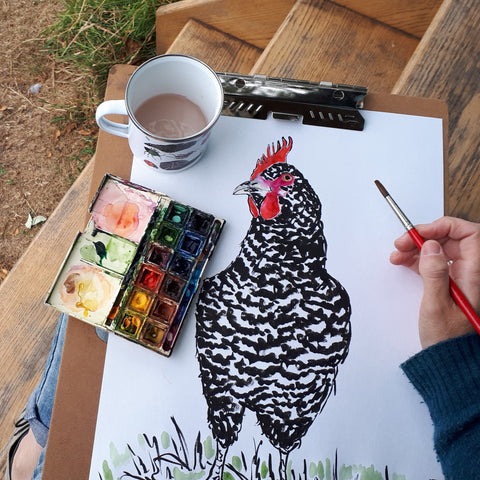 Chicken sketches on the steps of the Shepherds Hut by Alice Draws the Line