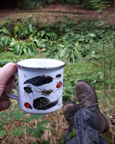 Coffee and biscuits in the rain, enamel bug mug by Alice Draws the Line