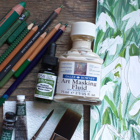 Snowdrops by Alice Draws the line and the art materials used