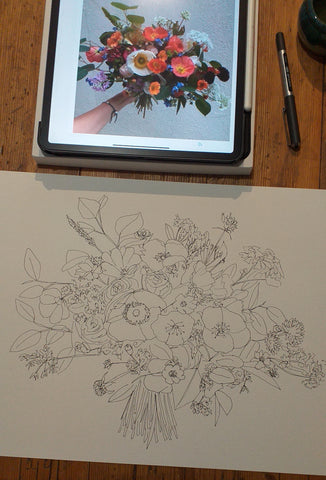 How to preserve your wedding flowers, Alice Draws the Line drawing Gabi's beautiful bouquet