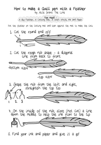 instructions for how to make a quill pen from a feather by Alice Draws The Line