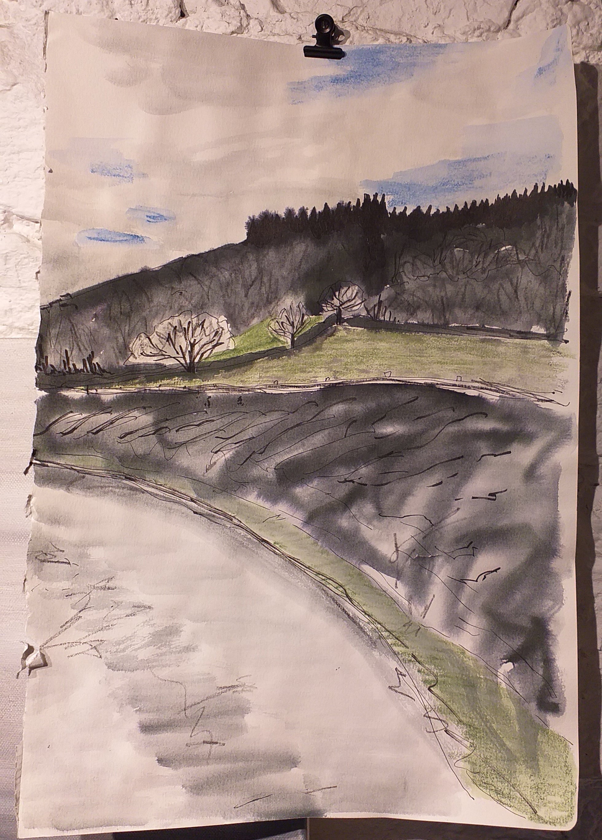 Initial landscape study on A3 sketchbook paper by Alice Draws the Line